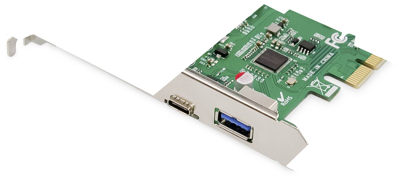 Eine grüne PCIe-Erweiterungskarte mit zwei USB 3.0-Anschlüssen, montiert auf einer Metallhalterung, geeignet für Computererweiterung.