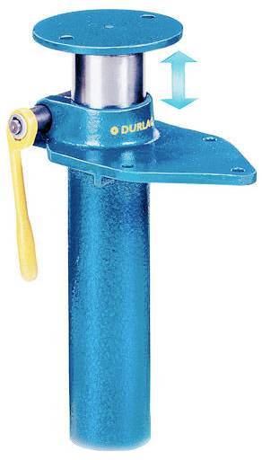 Blauer verstellbarer Stützpfosten mit runder Deckplatte und gelbem Seitenhebel, dargestellt mit Auf-Ab-Pfeilen, die die Höhenverstellung anzeigen.