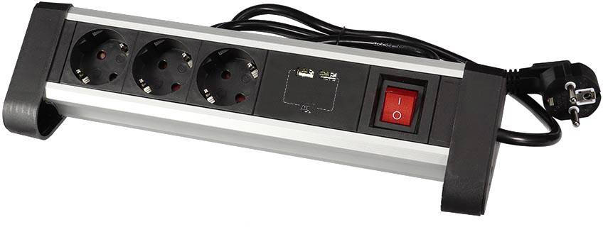 Steckdosenleiste mit drei Steckplätzen und einem Ein-/Ausschalter, schwarzes Kabel.