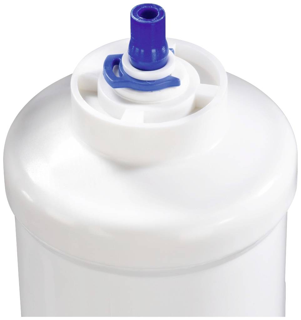 Ein weißer Zylinder mit einer blauen Spitze auf einem runden Verschluss, möglicherweise ein Wasserfilter.