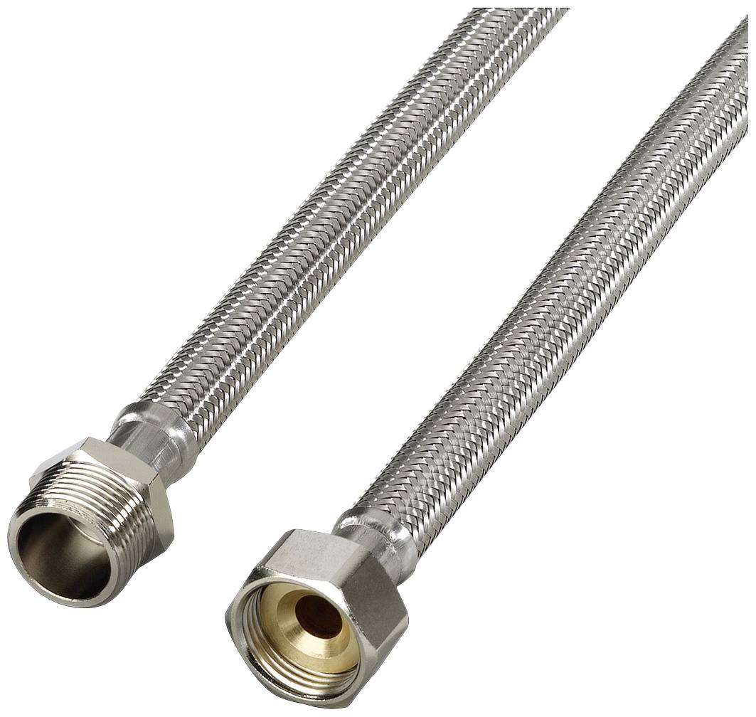 Zwei metallene, flexible Schläuche mit silberner Umflechtung und goldfarbenen Enden, die für Wasseranschlüsse verwendet werden.
