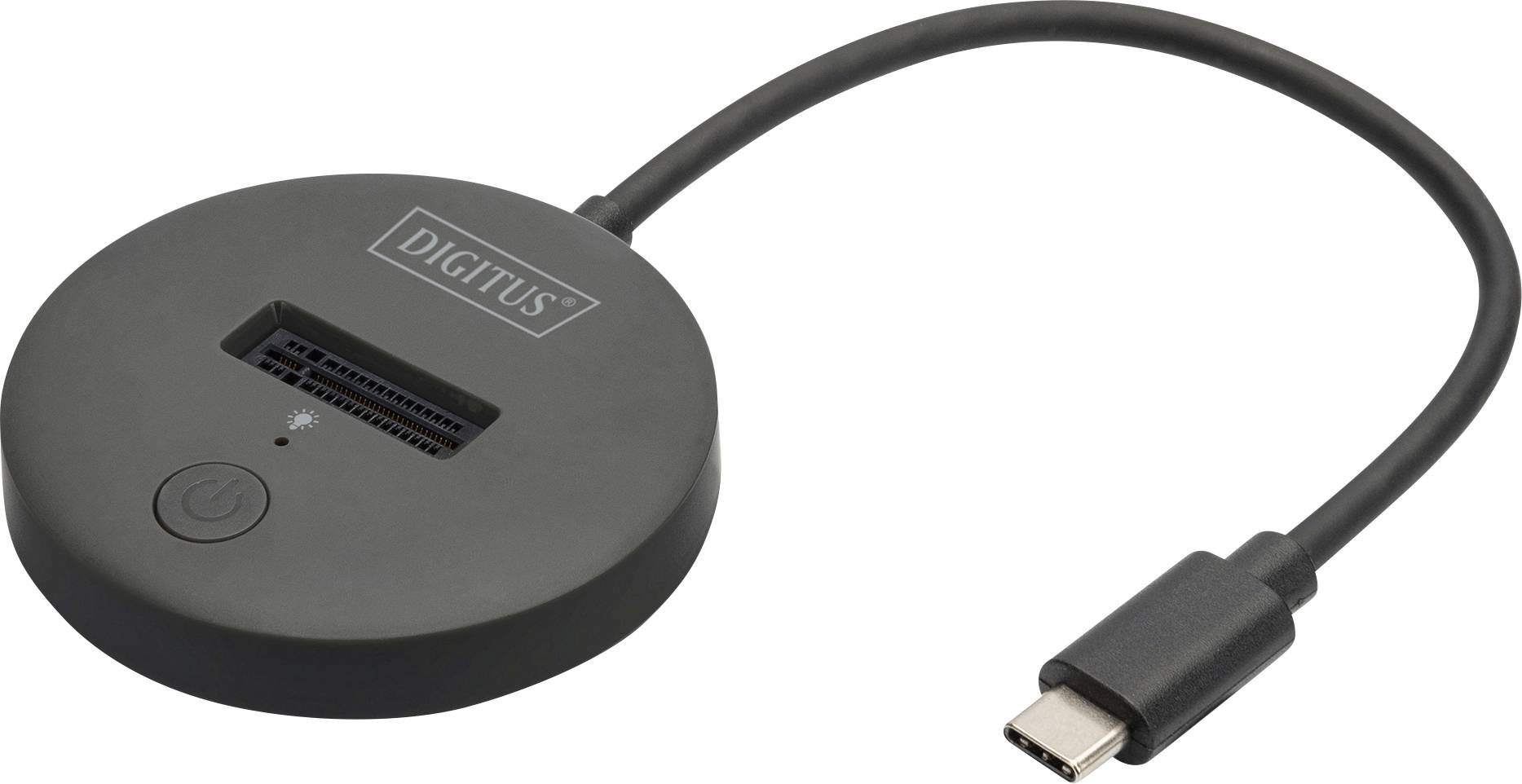 Externer Kartenleser in runder, schwarzer Form mit USB-C-Anschluss und SD-Kartensteckplatz, Marke DIGITUS, auf weißem Hintergrund.