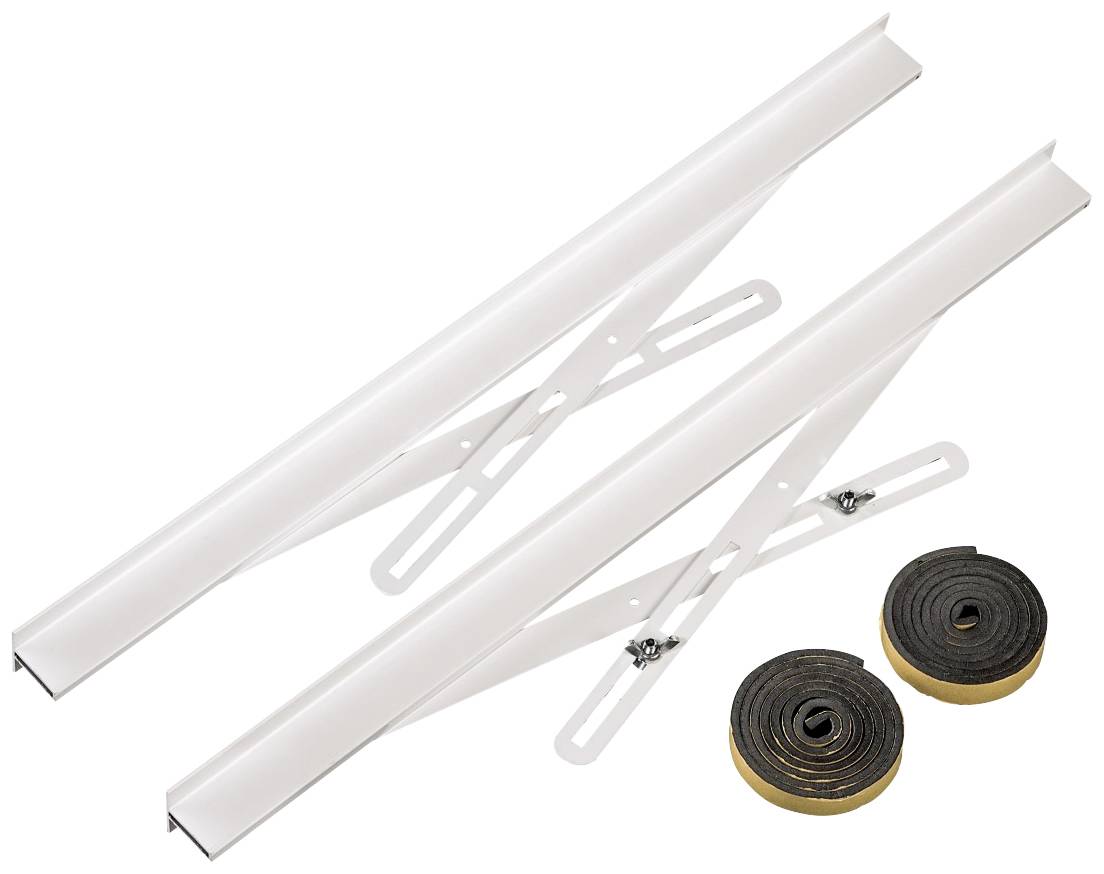 Zwei weiße Teleskopschienen mit Montageschlitzen, begleitet von zwei schwarzen Dichtungsrollen. Dienen zur Installation oder Abdichtung.