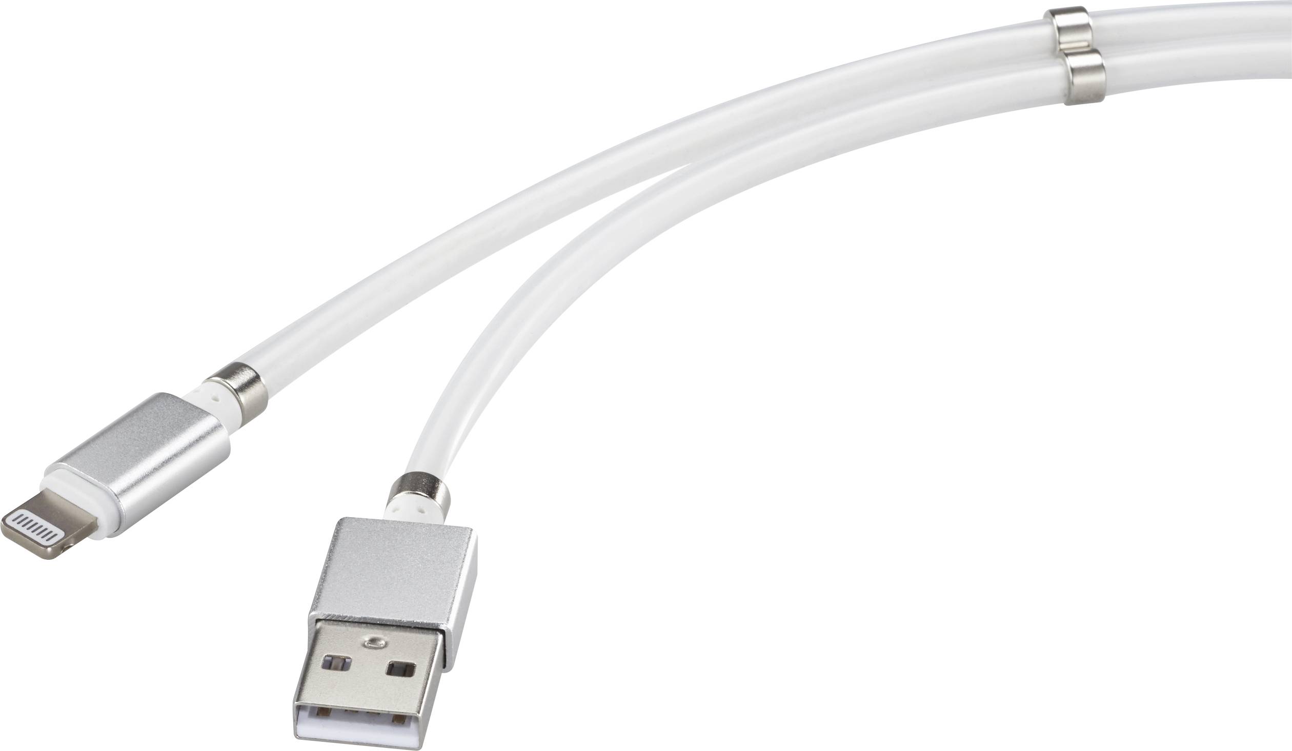 Ein weißes USB-Kabel mit einem Lightning-Anschluss und einem USB-A-Anschluss, typisch für den Anschluss von Geräten an Computer.