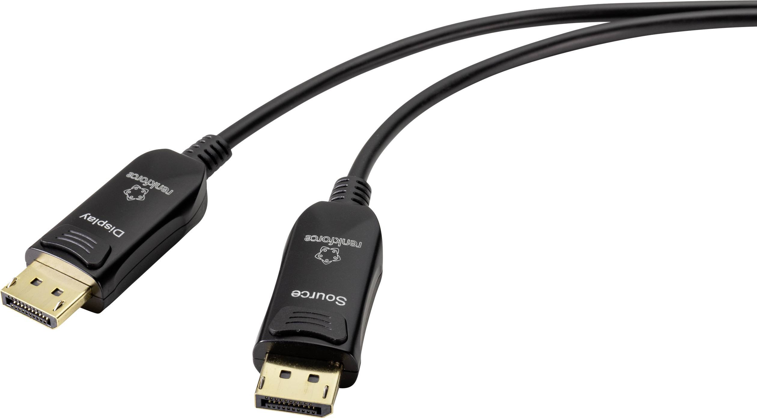 Zwei DisplayPort-Kabel mit jeweils einem Ende, das mit 'Display' und das andere mit 'Source' beschriftet ist.