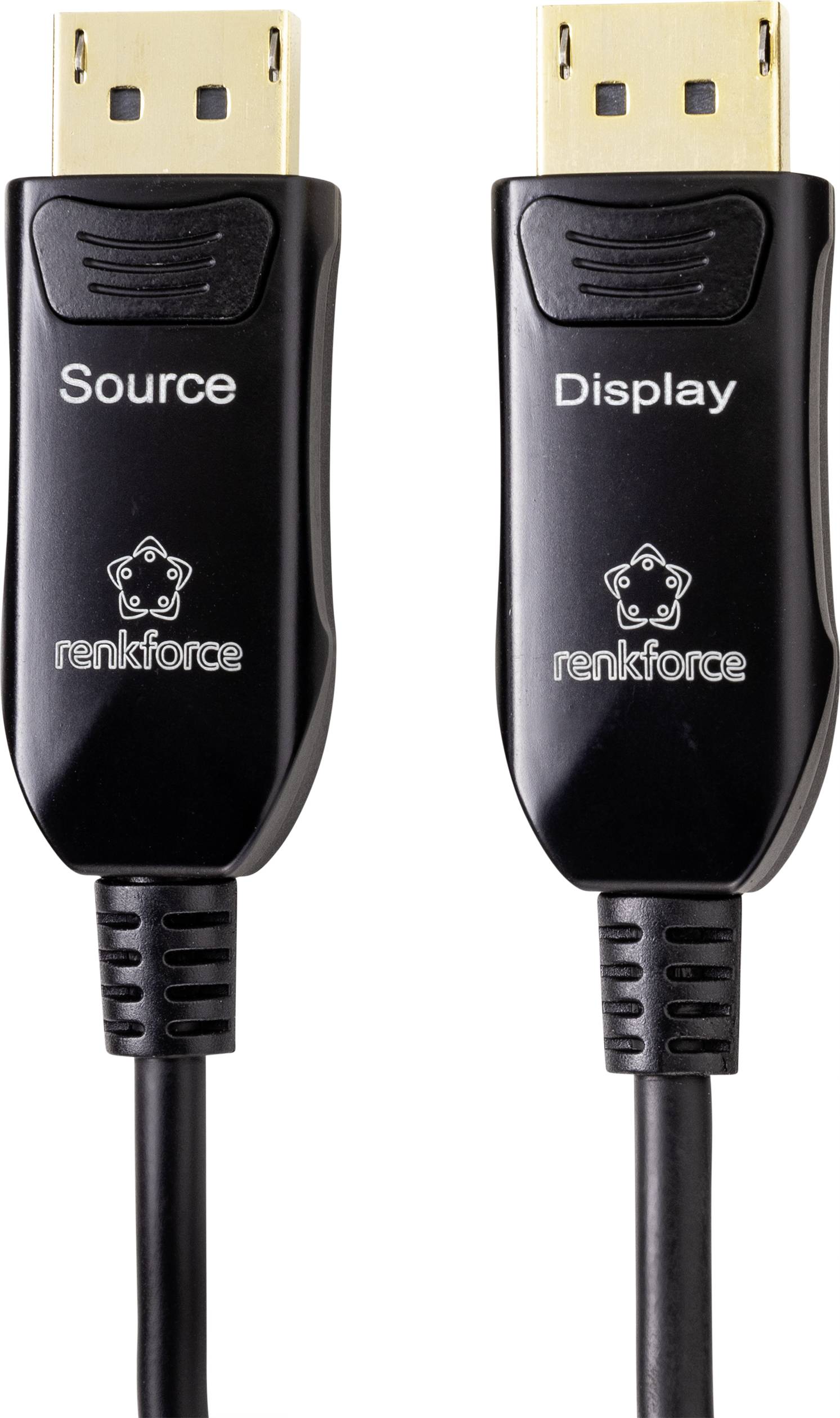 Zwei schwarze HDMI-Kabel mit Aufschriften 'Source' und 'Display', jeweils von der Marke Renkforce, erkennbar an den goldenen Steckern.