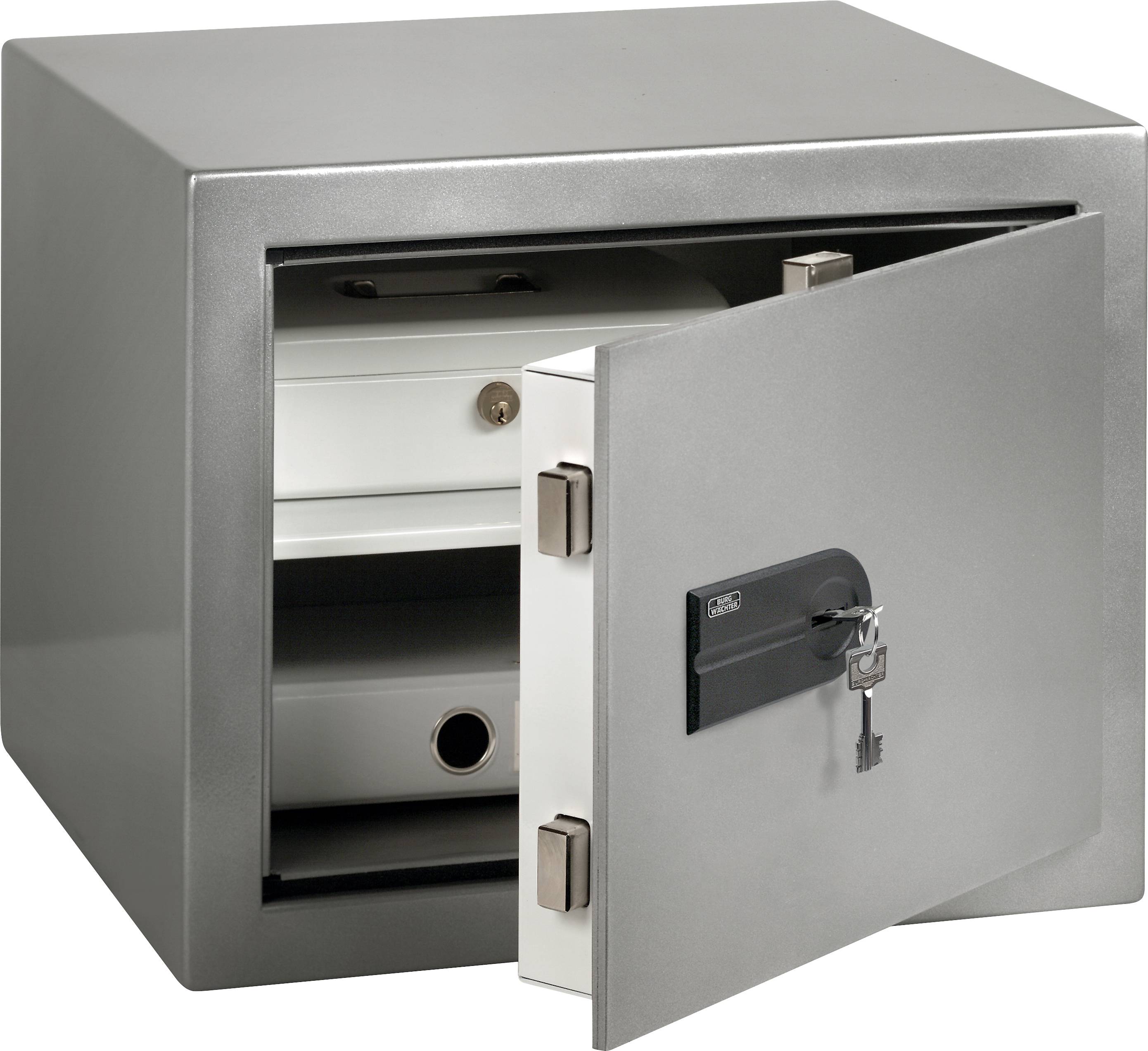 Grauer Tresor mit geöffneter Tür. Zwei Ordner sind im Inneren sichtbar. Ein Schlüssel steckt im Schloss.