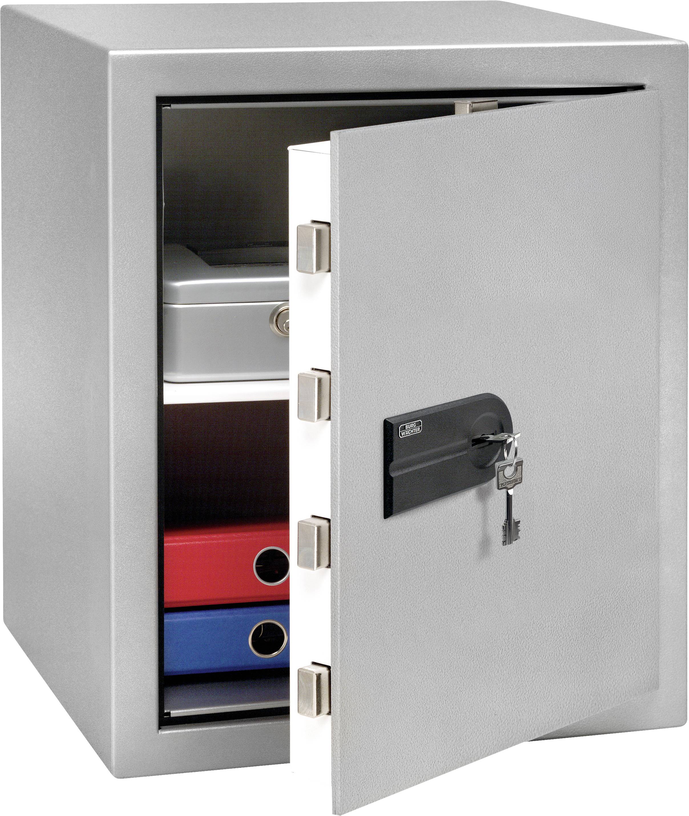 Ein geöffneter Tresor mit fünf Aktenordnern in verschiedenen Farben. Ein Schlüssel steckt im Schloss der Tresortür.