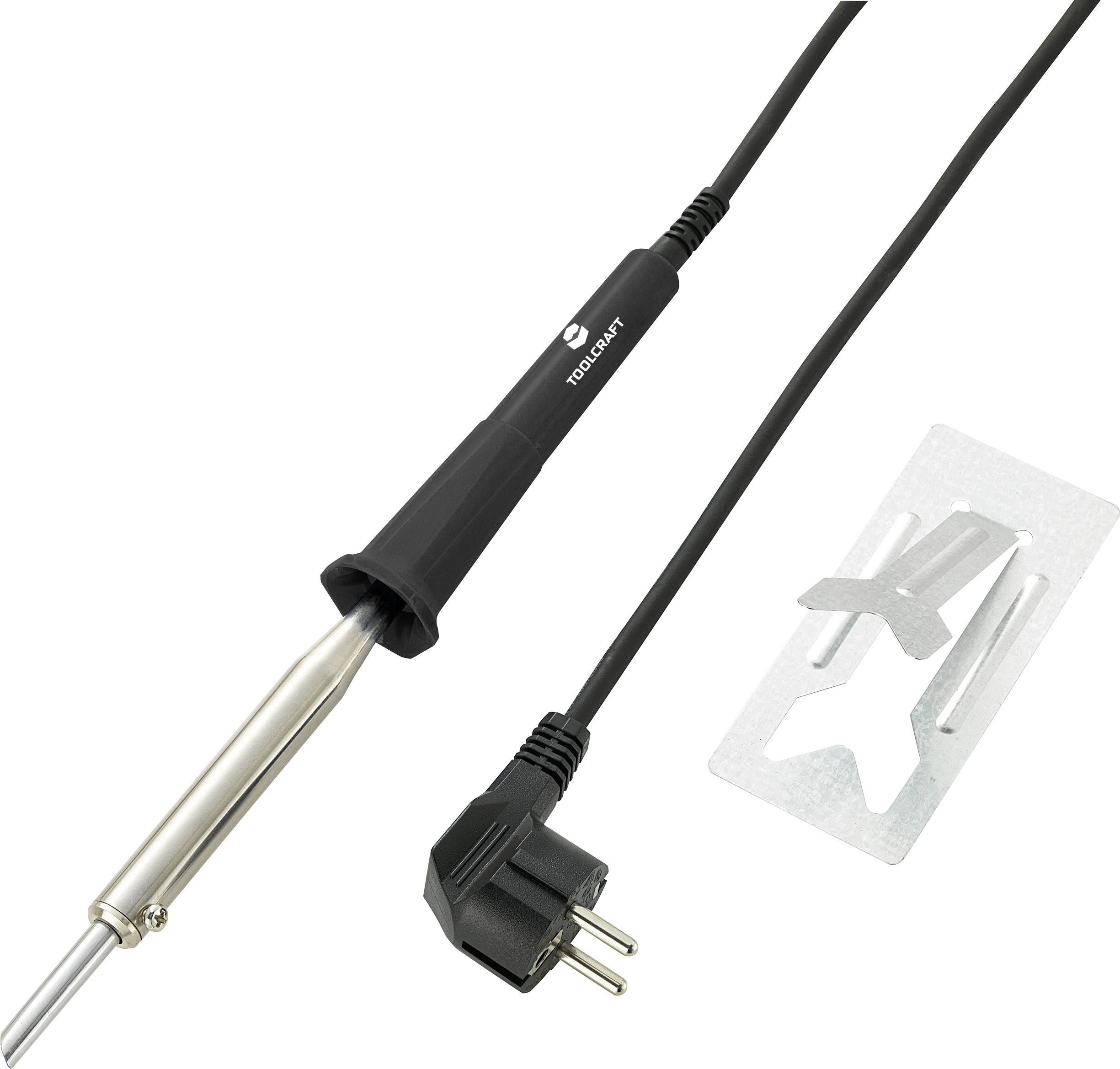 Lötkolben mit Stromkabel und Stecker, daneben ein metallischer Ständer. Geeignet für Reparaturen und elektrische Arbeiten.
