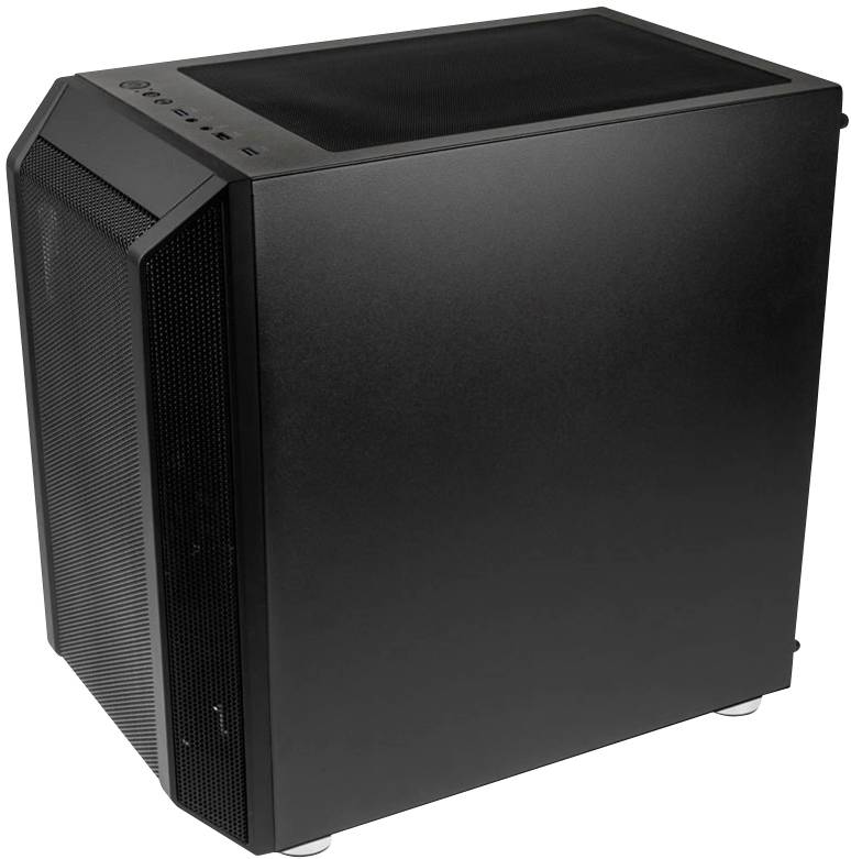 Ein schwarzes Computergehäuse mit Mesh-Frontblende und mehreren Anschlüssen an der Oberseite. Ideal für den Bau eines PCs geeignet.