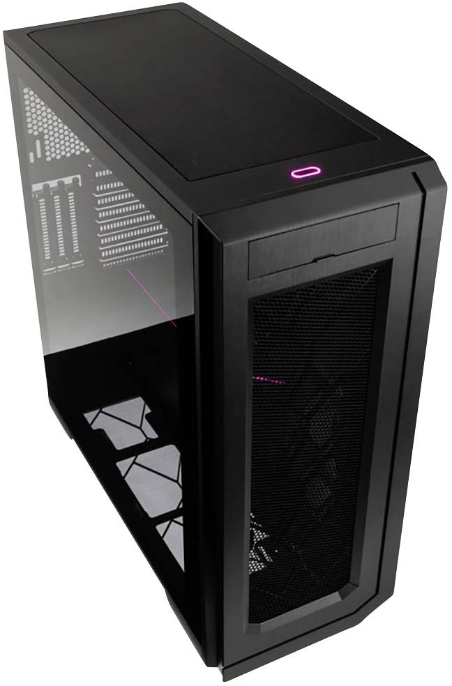 Schwarzer PC-Gehäuse mit transparentem Seitenpanel, zeigt interne Komponenten. Entworfen für Gaming oder professionelle Computeranwender.