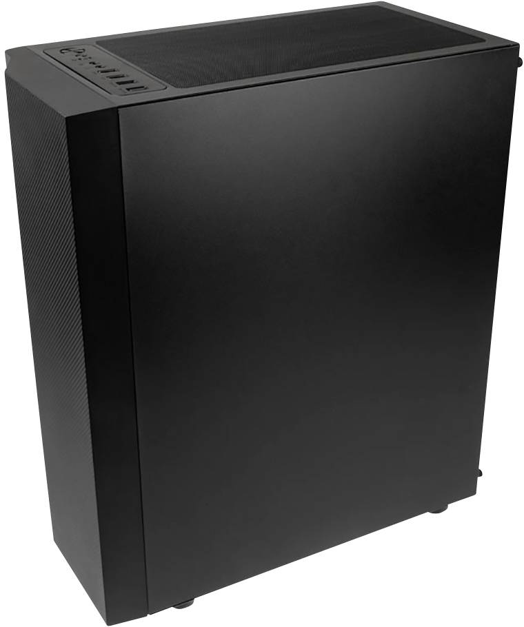 Ein schwarzes Computergehäuse mit glatter Oberfläche und seitlichem Lüftungsgitter, geeignet für PC-Bau und Hardwareintegration.