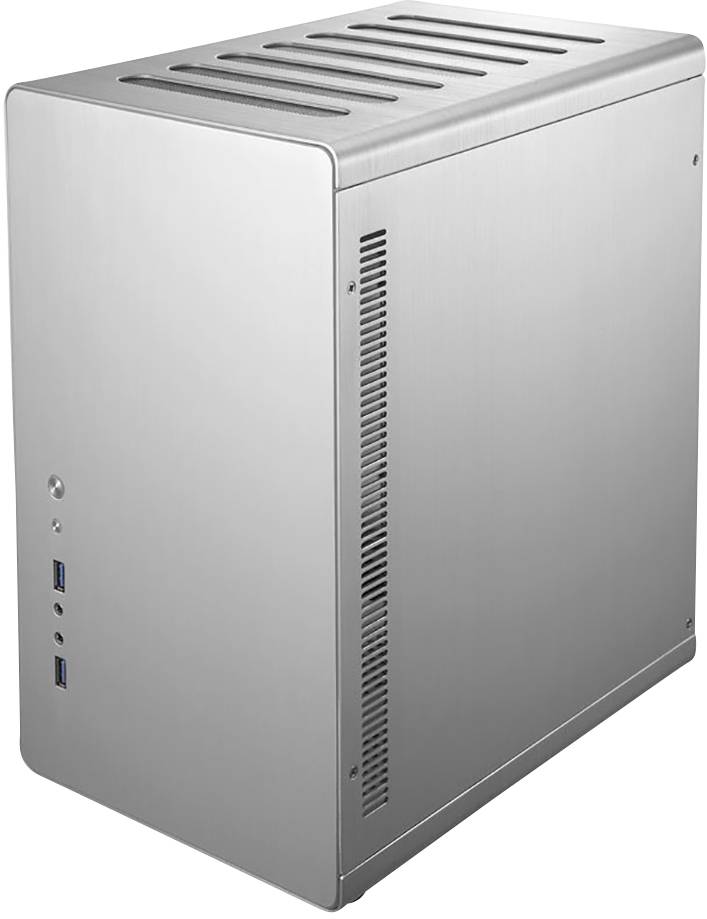 Silbernes Computergehäuse mit seitlichen Lüftungsschlitzen und zwei USB-Anschlüssen an der Vorderseite. Minimalistisches Design.