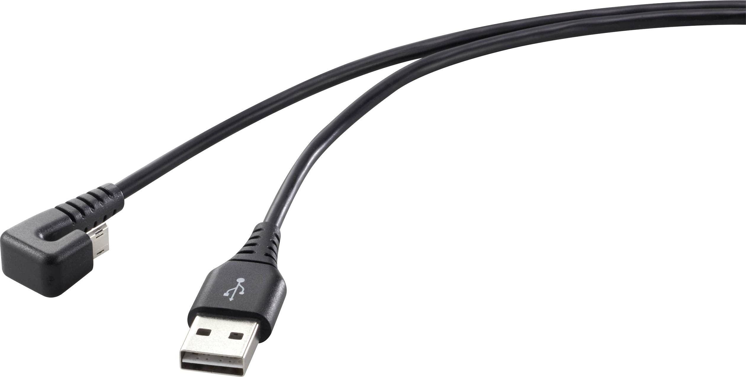 USB-Kabel mit einem Standard-USB-Stecker und einem abgewinkelten Micro-USB-Stecker, geeignet zum Laden oder Datentransfer.