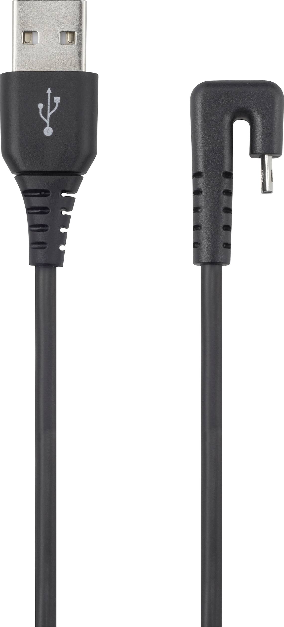 USB-Kabel mit Standard-USB-Anschluss links und abgewinkeltem Micro-USB-Anschluss rechts, geeignet zum Aufladen und Datentransfer.