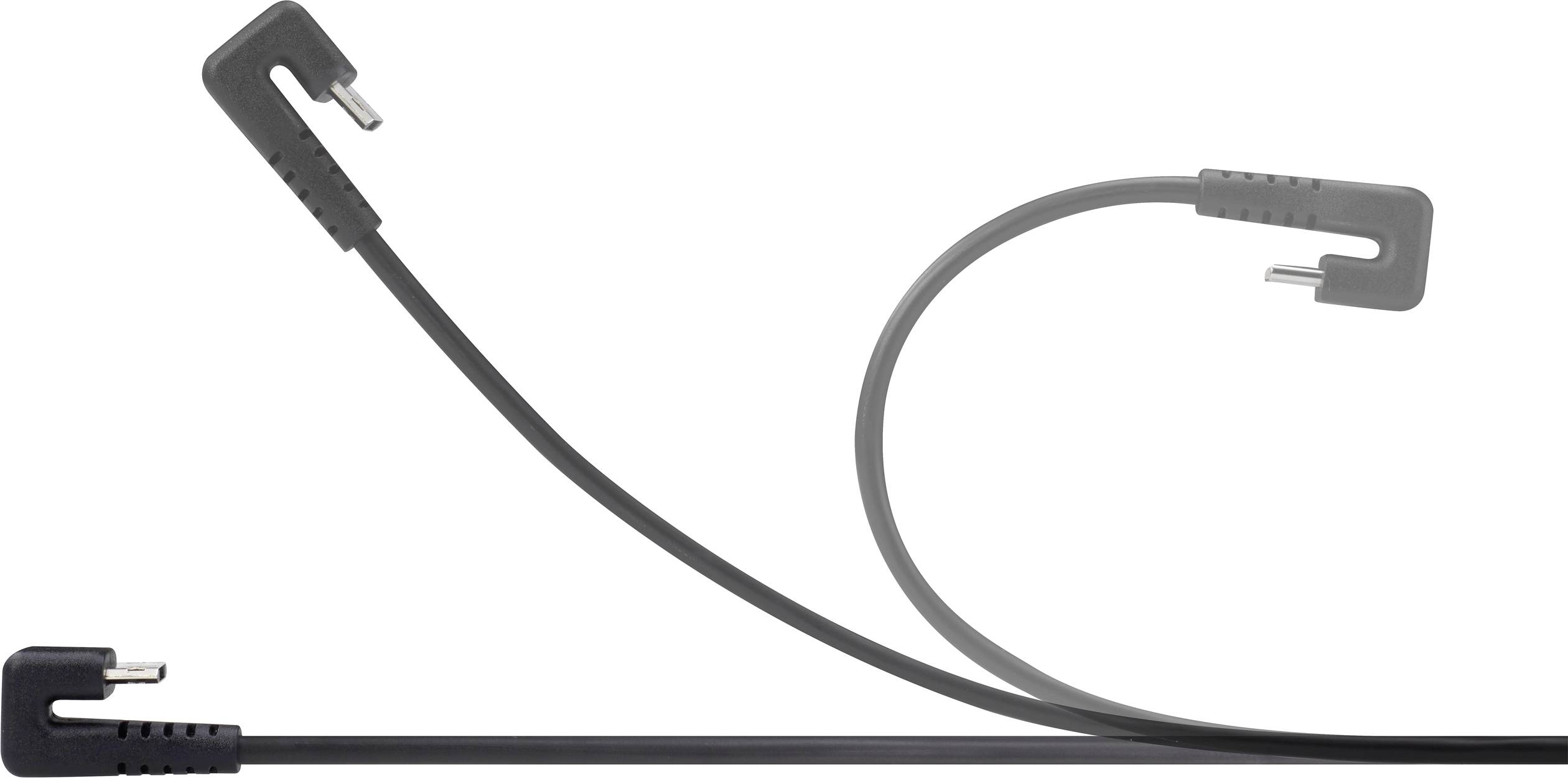 Ein schwarzes, rechtwinkliges Kabel mit zwei unterschiedlichen Enden, das über den oberen und unteren Bildrand ragt.