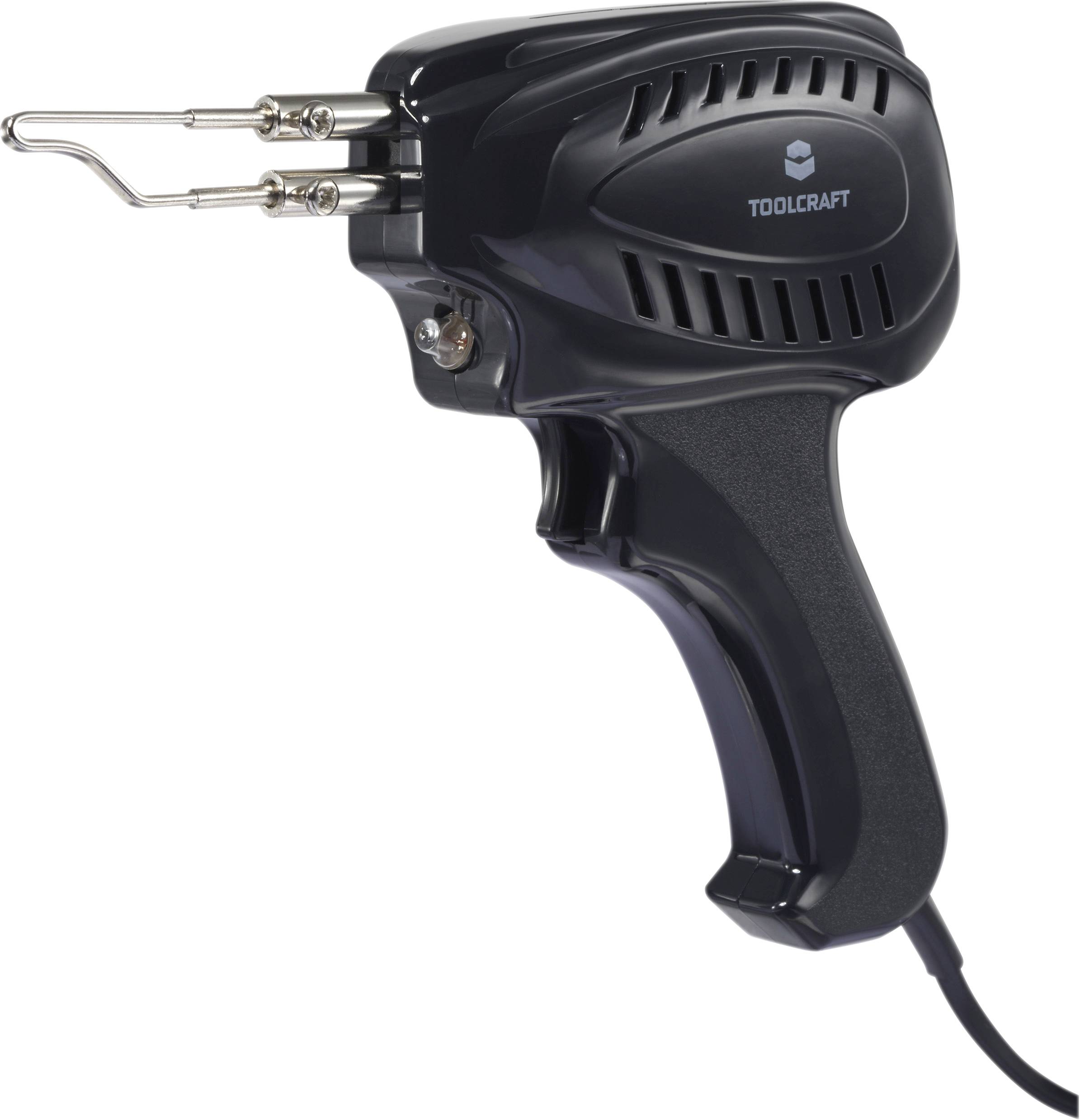 Lötkolbenpistole von Toolcraft in schwarz mit ergonomischem Griff und zwei Metallspitzen, geeignet für präzise Lötarbeiten.