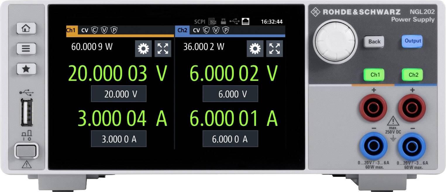 Rohde & Schwarz NGL-COM2A Labornetzgerät, einstellbar 0 - 20V 120W USB, LAN, WLAN Anzahl Ausgänge 2 x