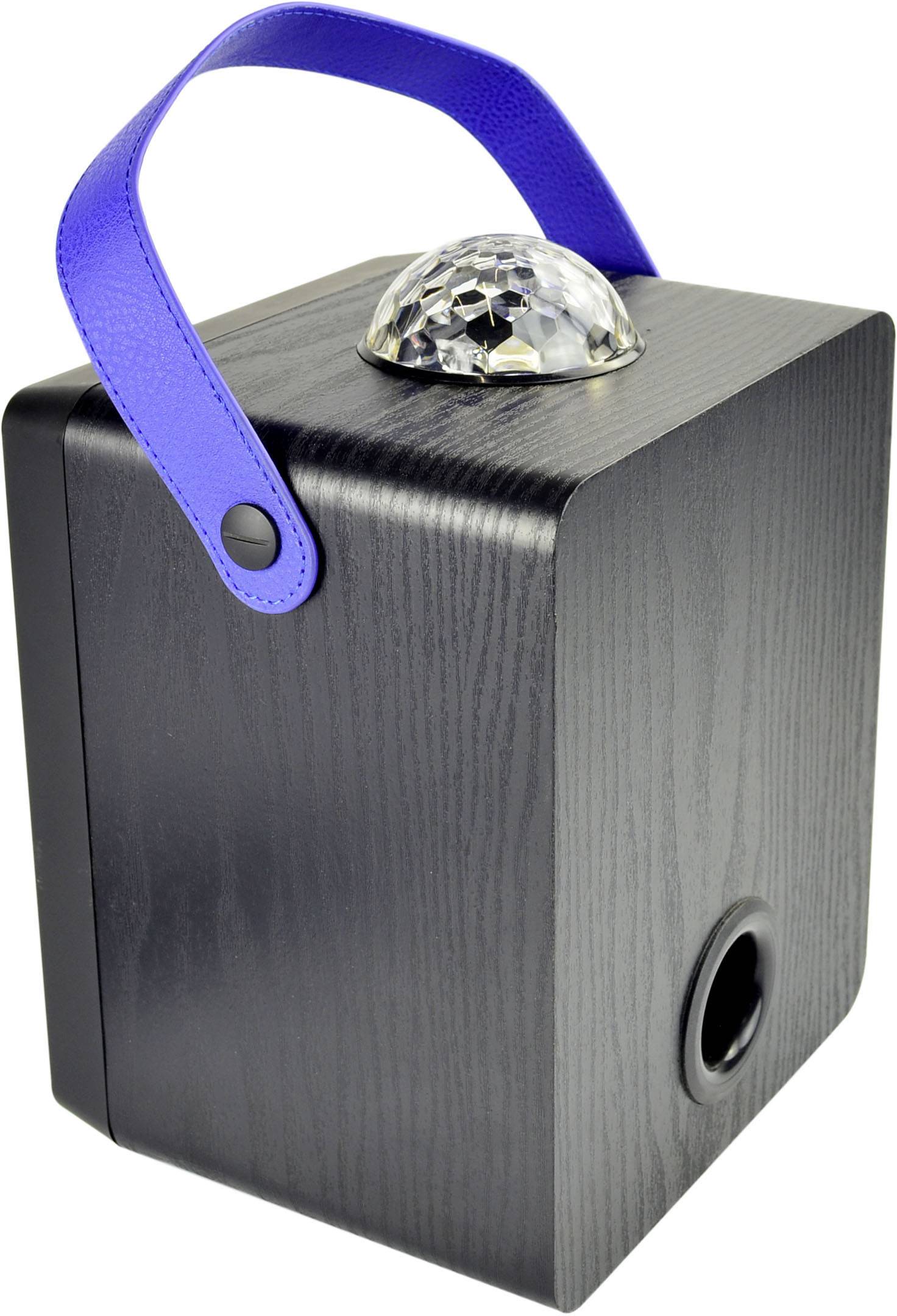 Ein schwarzer Lautsprecher mit einem blauen Tragegriff und einem kristallartigen Muster oben auf der Oberfläche.