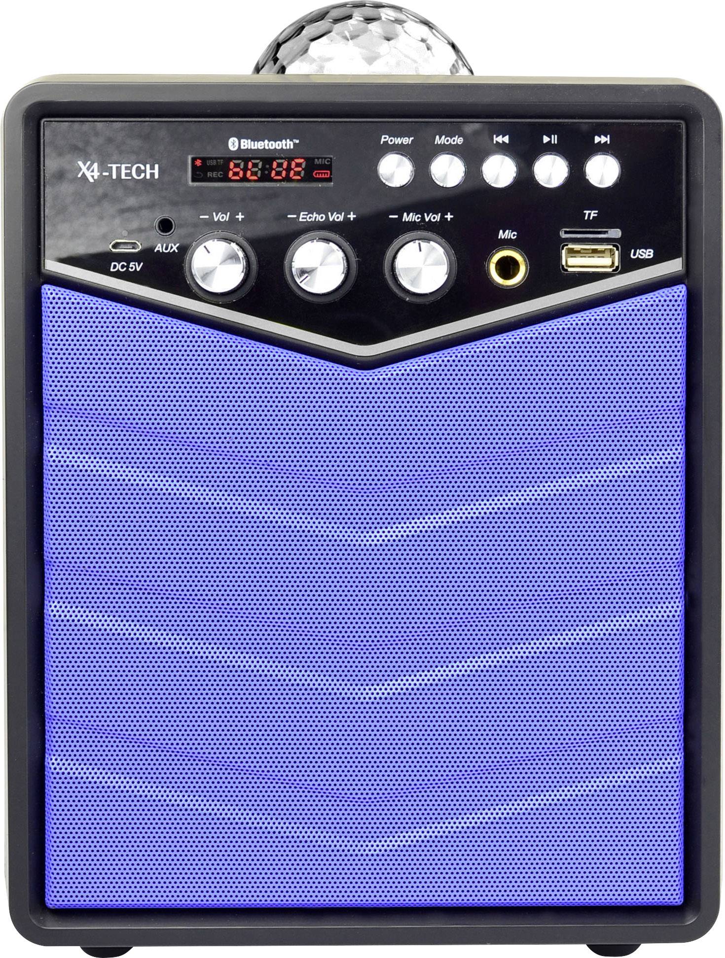 Ein tragbarer Lautsprecher mit blauer Front, verschiedenen Reglern für Lautstärke und Echo sowie Anschlüssen für USB und TF-Karten.