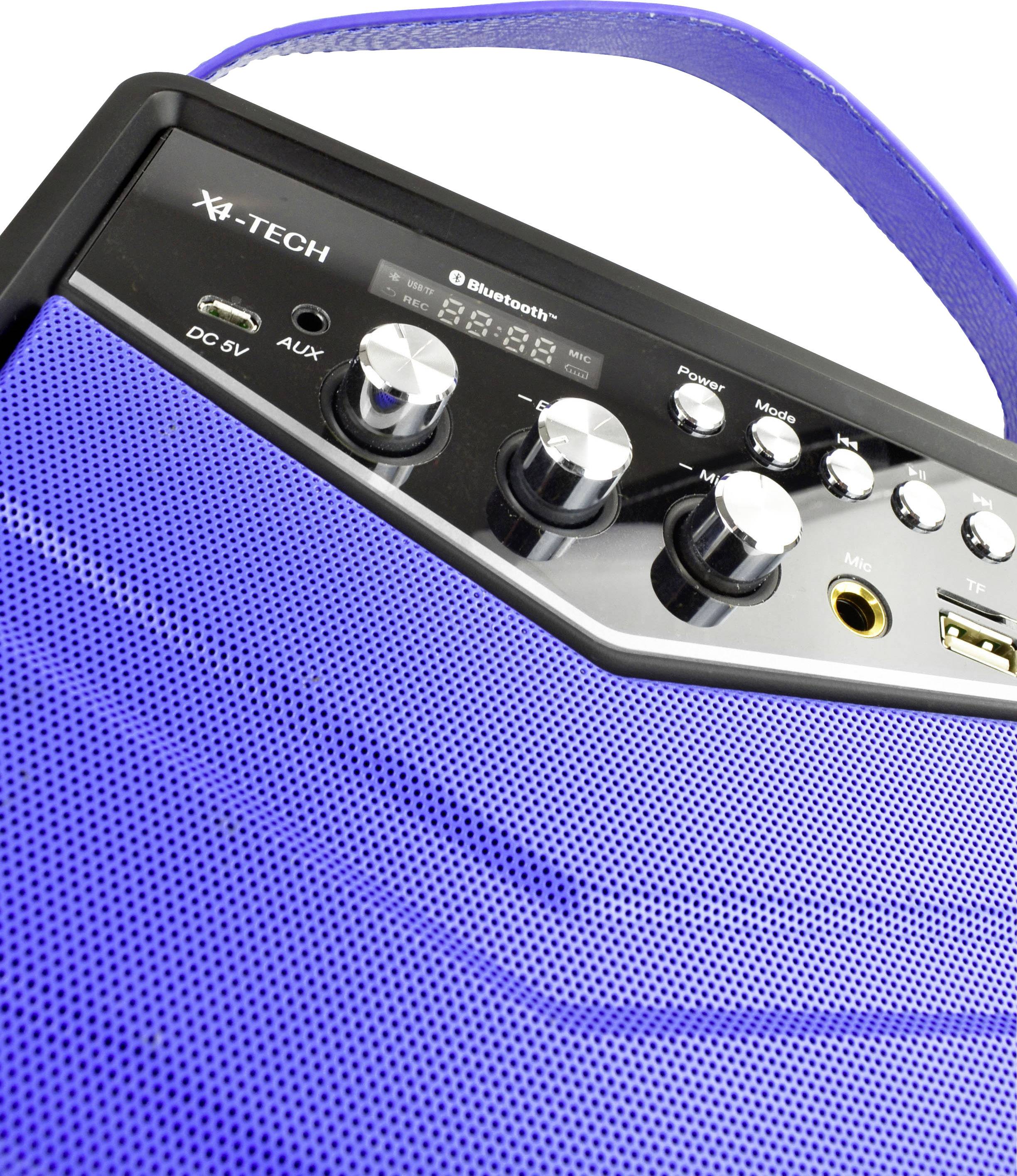 Tragbarer blauer Lautsprecher mit Bluetooth, mehreren Reglerknöpfen, Anschlüssen für USB, AUX und DC 5V.