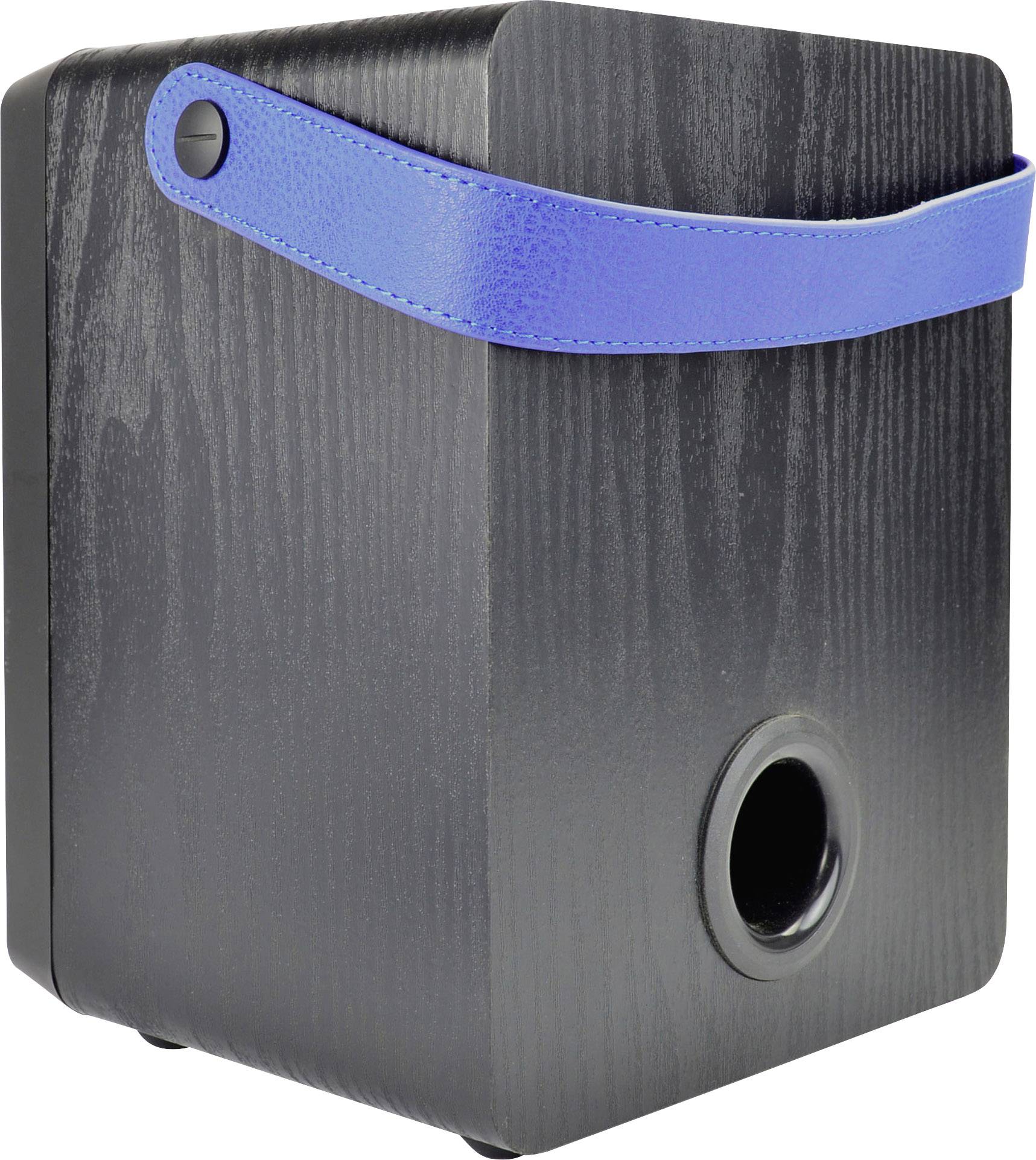 Schwarzer Holzlautsprecher in rechteckiger Form mit blauem Tragegriff und rundem Lautsprecherausgang.