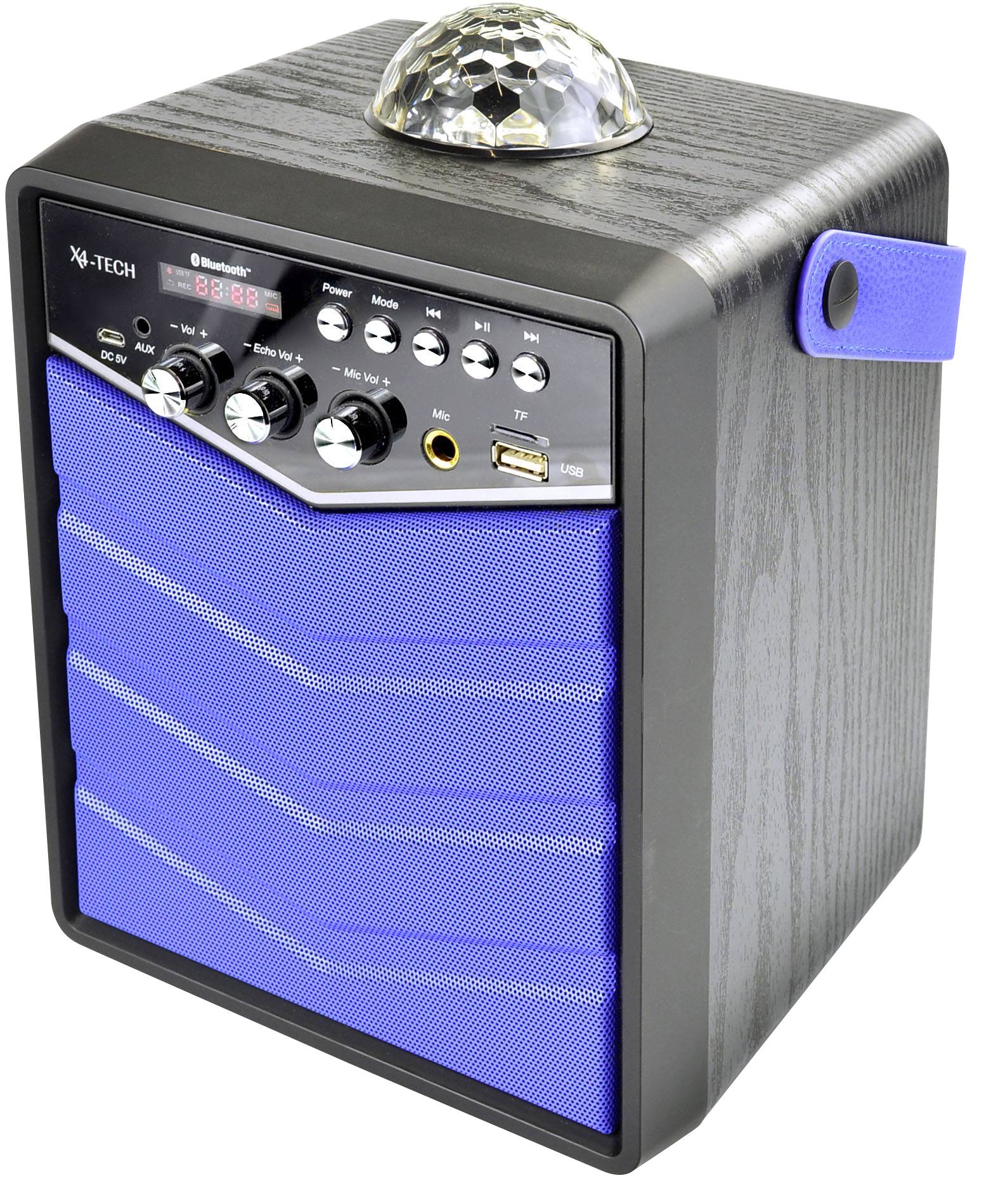 Tragbarer Lautsprecher in Schwarz und Blau mit Bedienelementen, USB-Anschluss und LED-Leuchte auf der Oberseite.