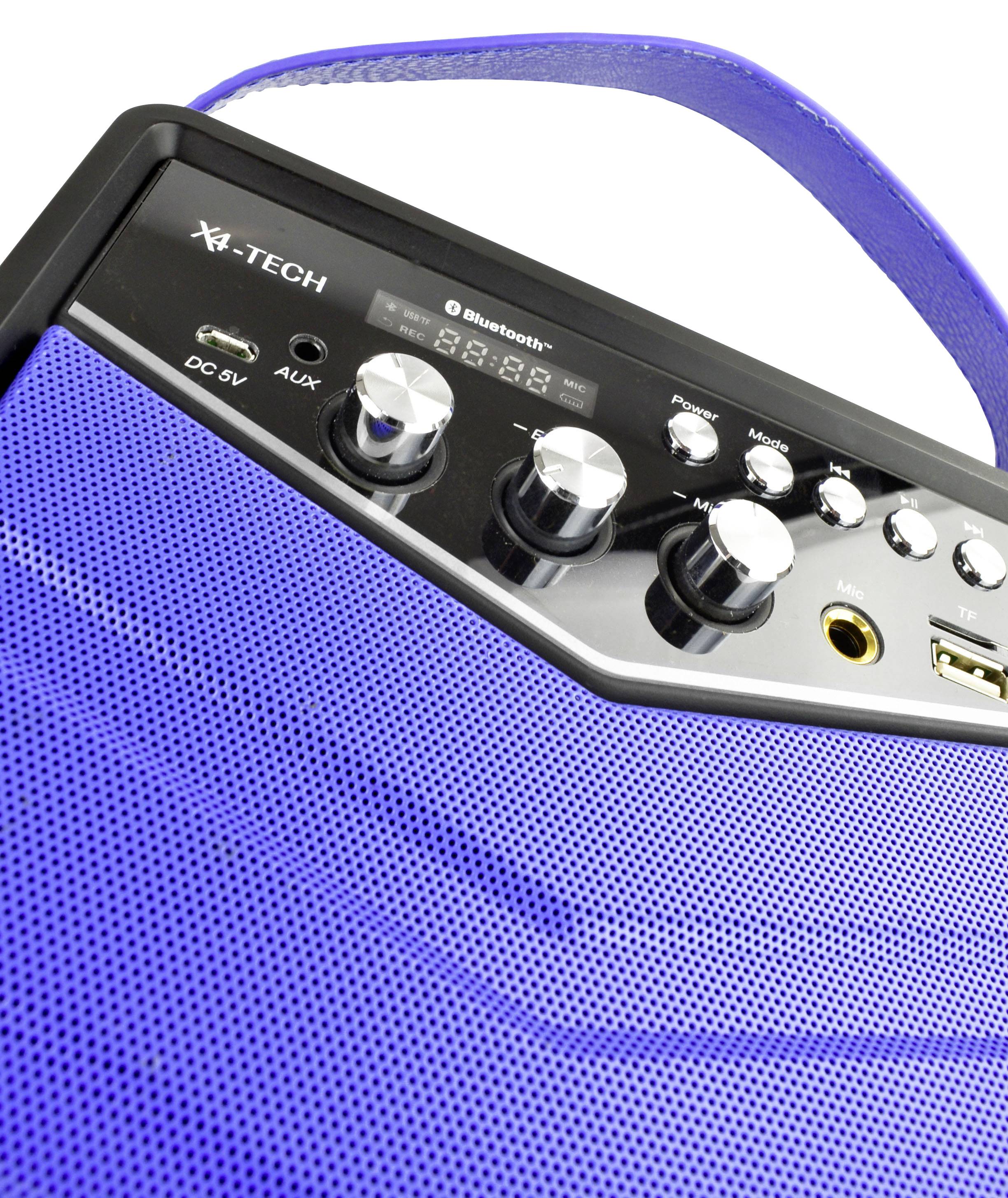 Blauer tragbarer Lautsprecher mit schwarzem Bedienfeld, mehreren Reglern und Anschlüssen für Bluetooth, Aux, DC 5V und USB.