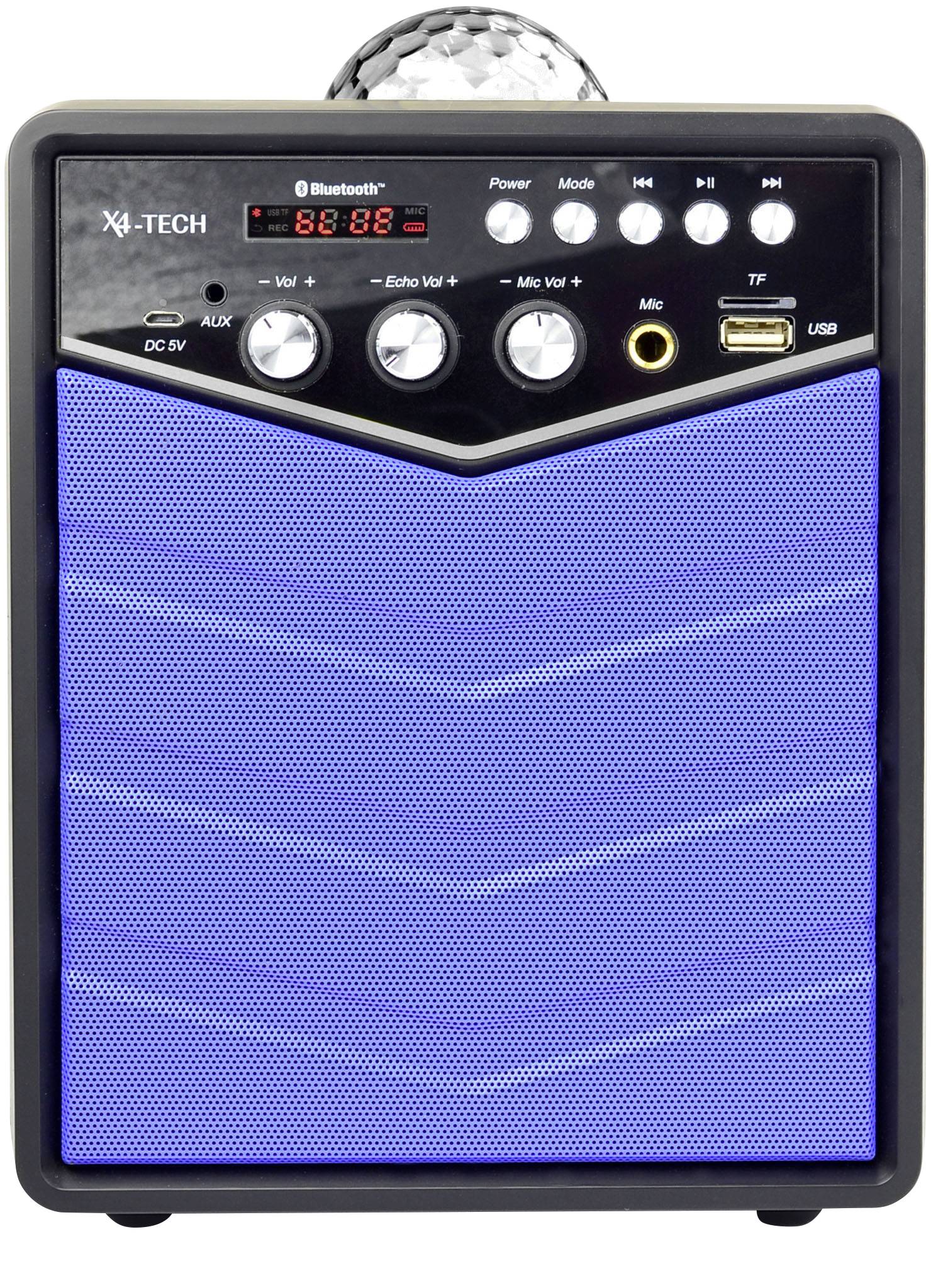 Tragbarer Bluetooth-Lautsprecher mit blauer Frontfläche, mehreren Reglern für Lautstärke und Effekte, USB- und TF-Anschlüssen.