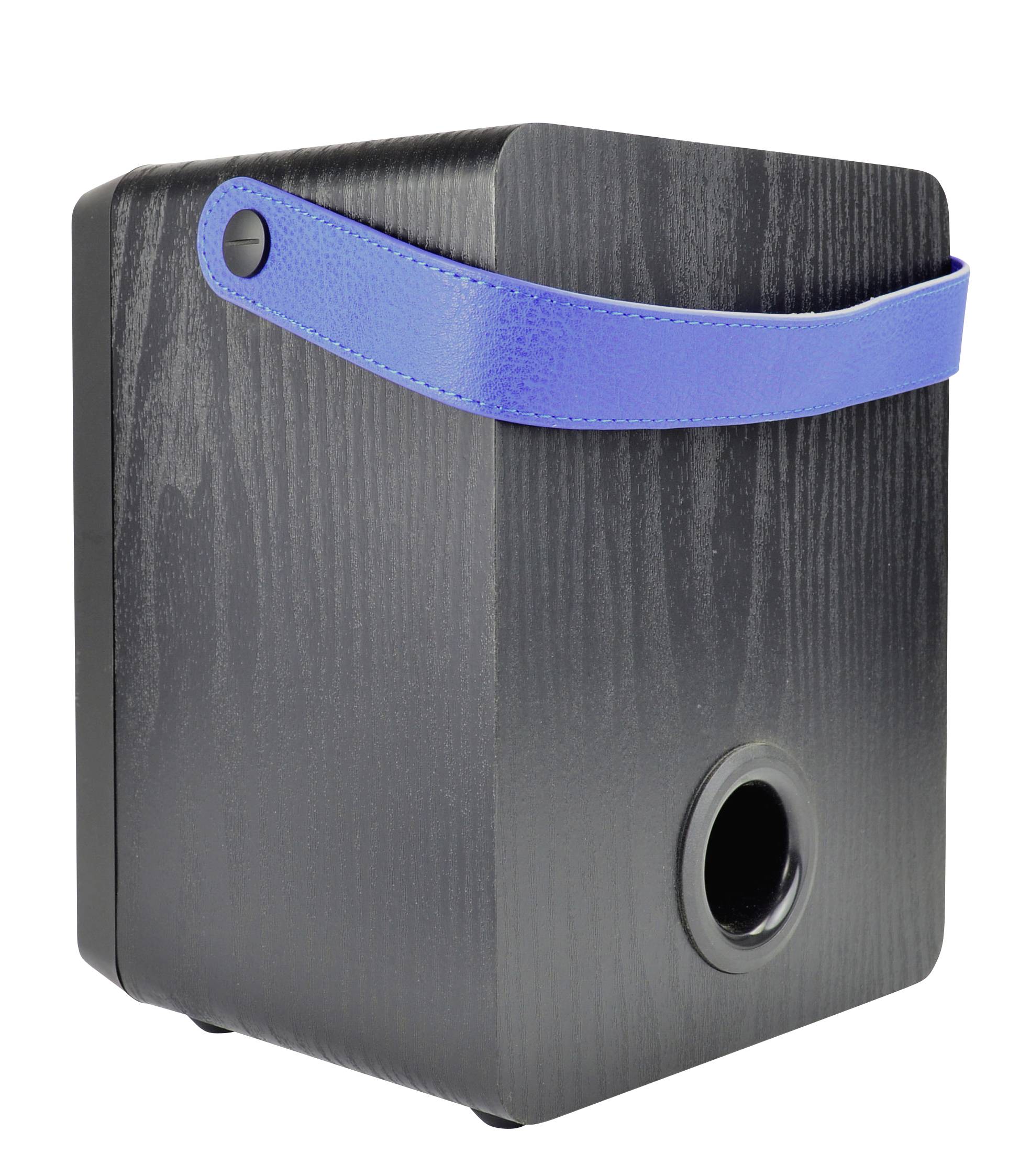 Schwarzer, rechteckiger Lautsprecher mit blauer Lederschlaufe auf der Oberseite und Bassreflexöffnung an der Vorderseite.