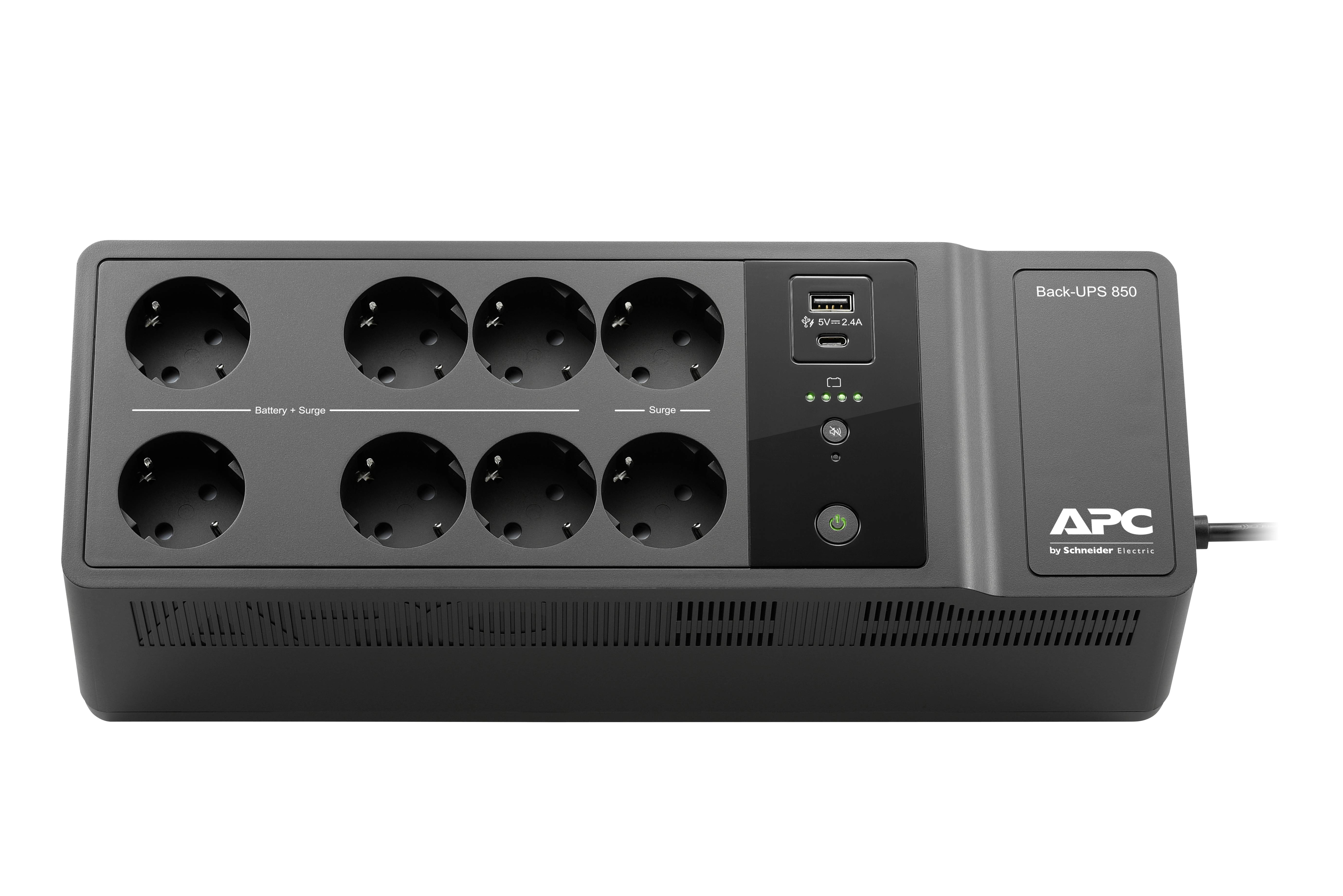 Eine schwarze APC-Back-UPS 650 mit acht Steckdosen und USB-Anschluss. Sie dient als unterbrechungsfreie Stromversorgung zur Gerätesicherung.