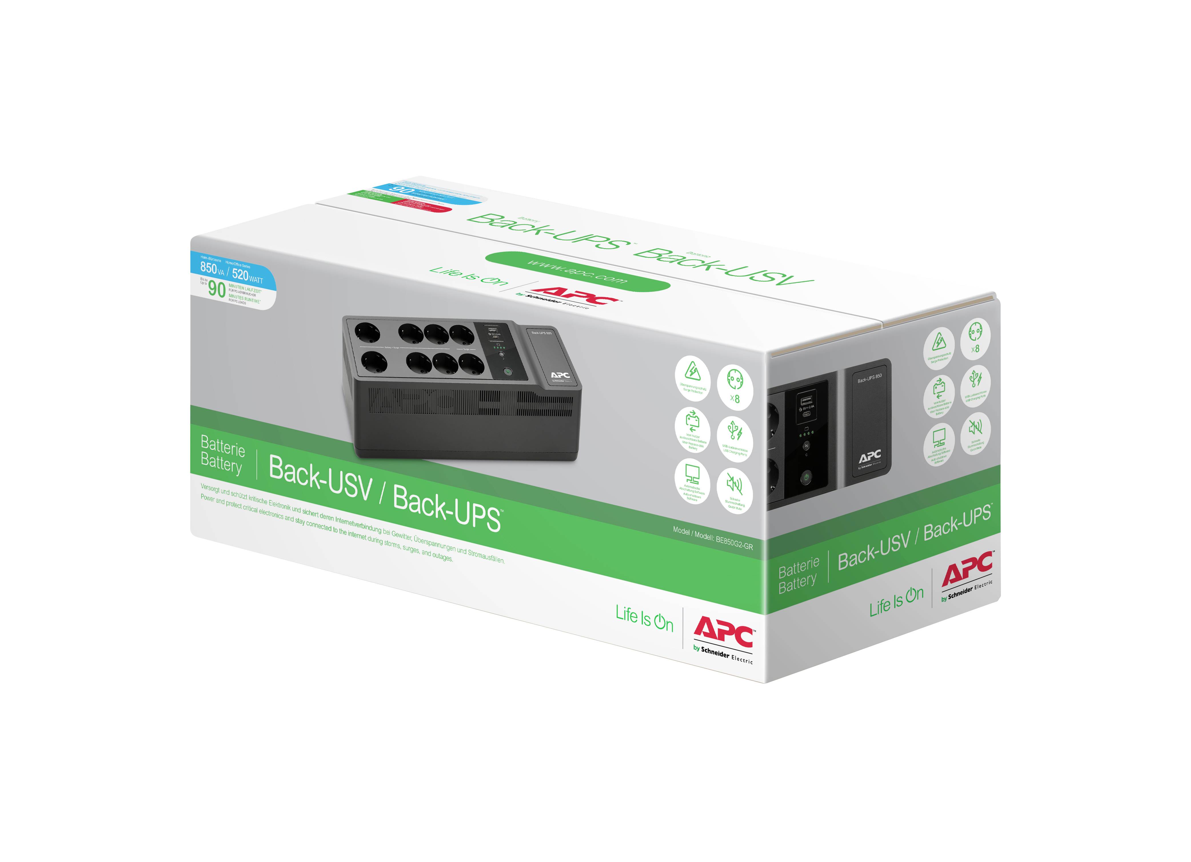 Eine weiße APC-Verpackung für eine Back-UPS USV. Zeigt die USV mit mehreren Steckdosen auf der Vorderseite, grüne Icons und Logos.