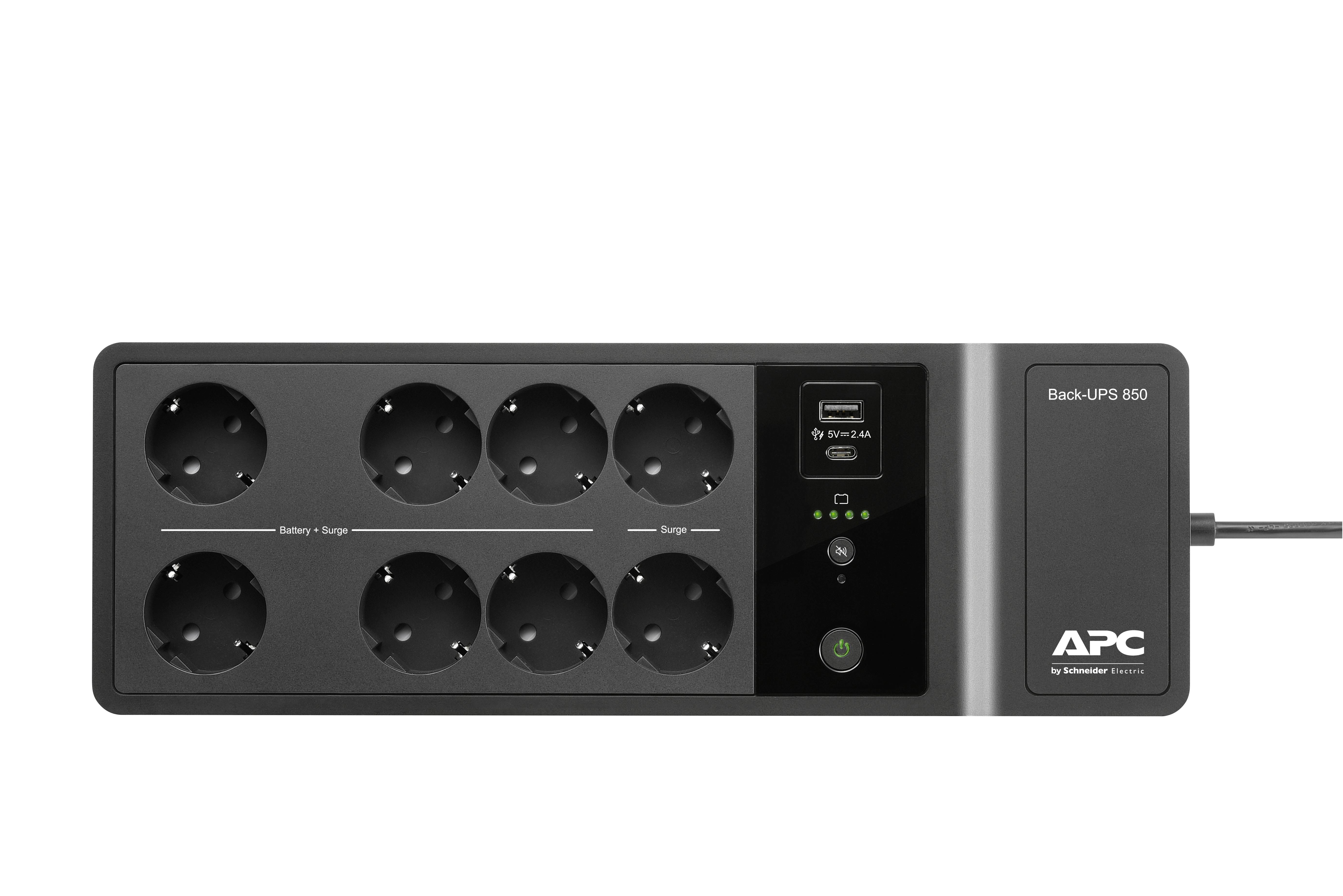 USV (Unterbrechungsfreie Stromversorgung) mit 8 Steckdosen und Anzeigefeld für Betrieb und Batterie, Marke APC, Modell Back-UPS 850.