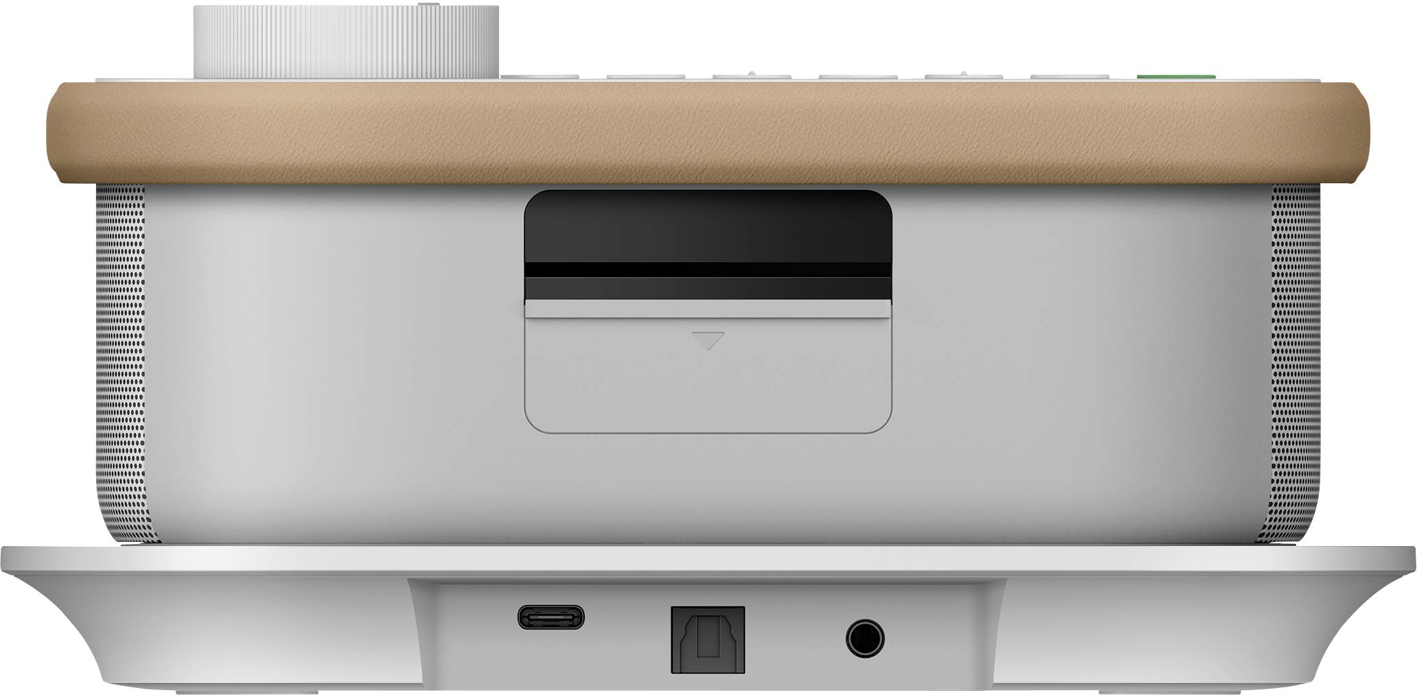 Ein tragbarer Projektor in Seitenansicht mit Anschlüssen und Belüftung. Oben ist ein Einstellrad. Ideal für Präsentationen.