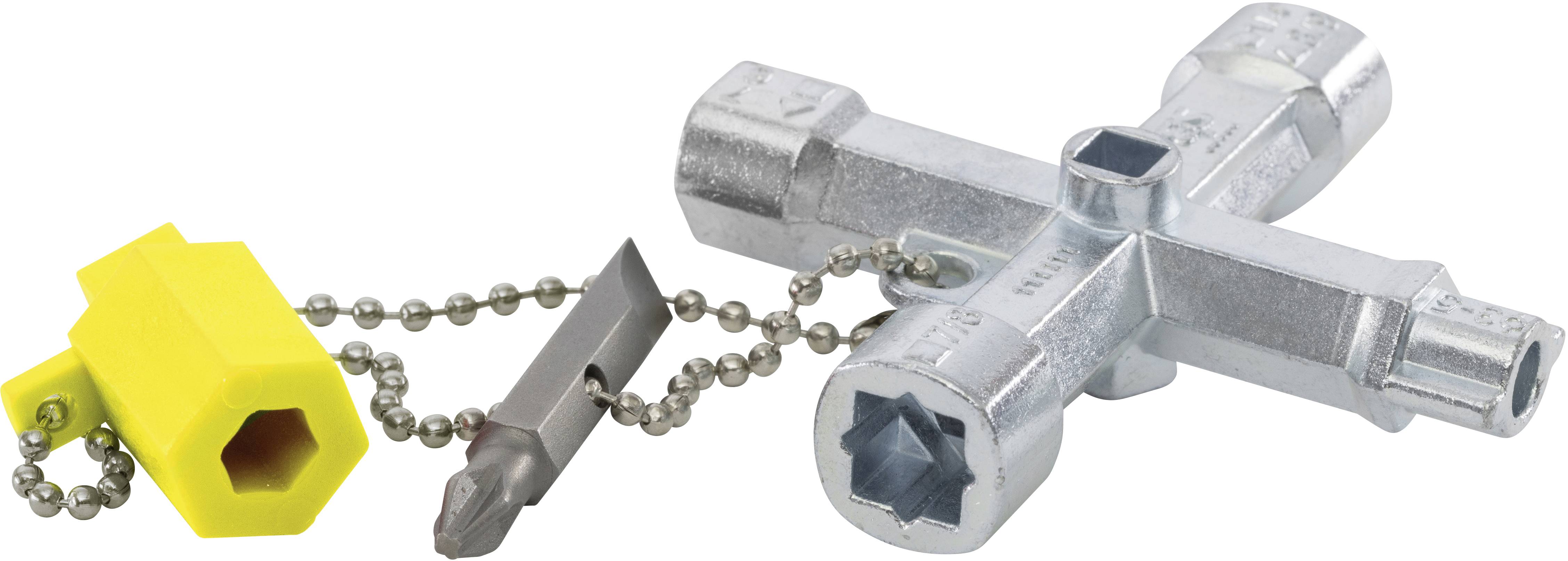 Ein silbernes Universalschlüssel-Werkzeug mit verschiedenen Einsätzen und einem gelben Adapter. Dient zum Öffnen von Wartungsklappen.