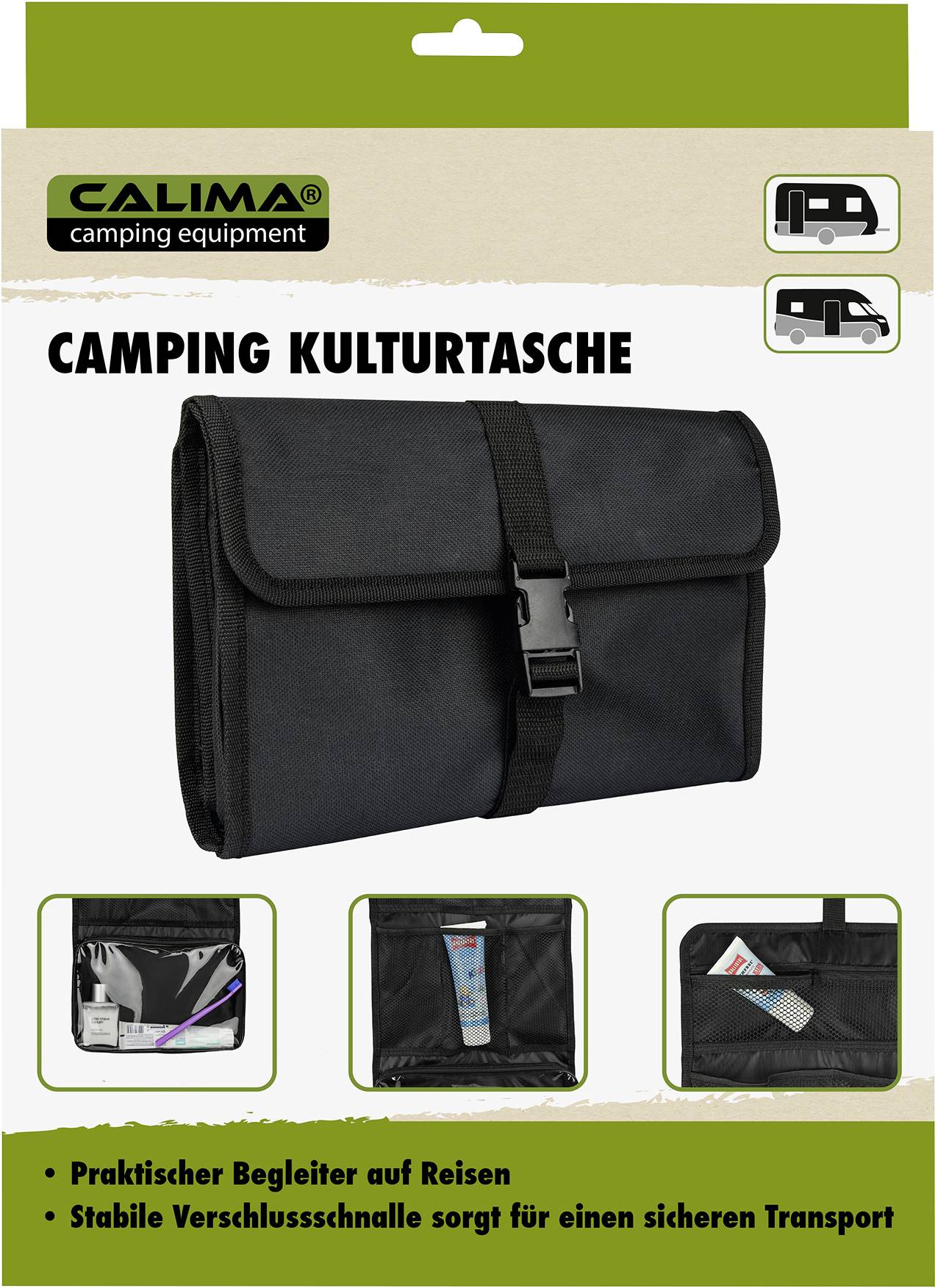 Camping-Kulturtasche in Schwarz mit Verschluss. 'Praktischer Begleiter auf Reisen. Stabile Verschlussschnalle für sicheren Transport.' Enthält Bilder von Innenfächern.