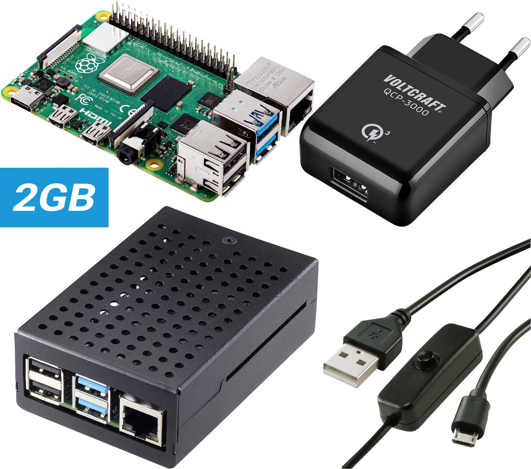 Raspberry Pi Set mit einem Raspberry Pi Board, schwarzem Gehäuse, USB-Netzteil und USB-Kabel. Text auf dem Bild: '2GB'.