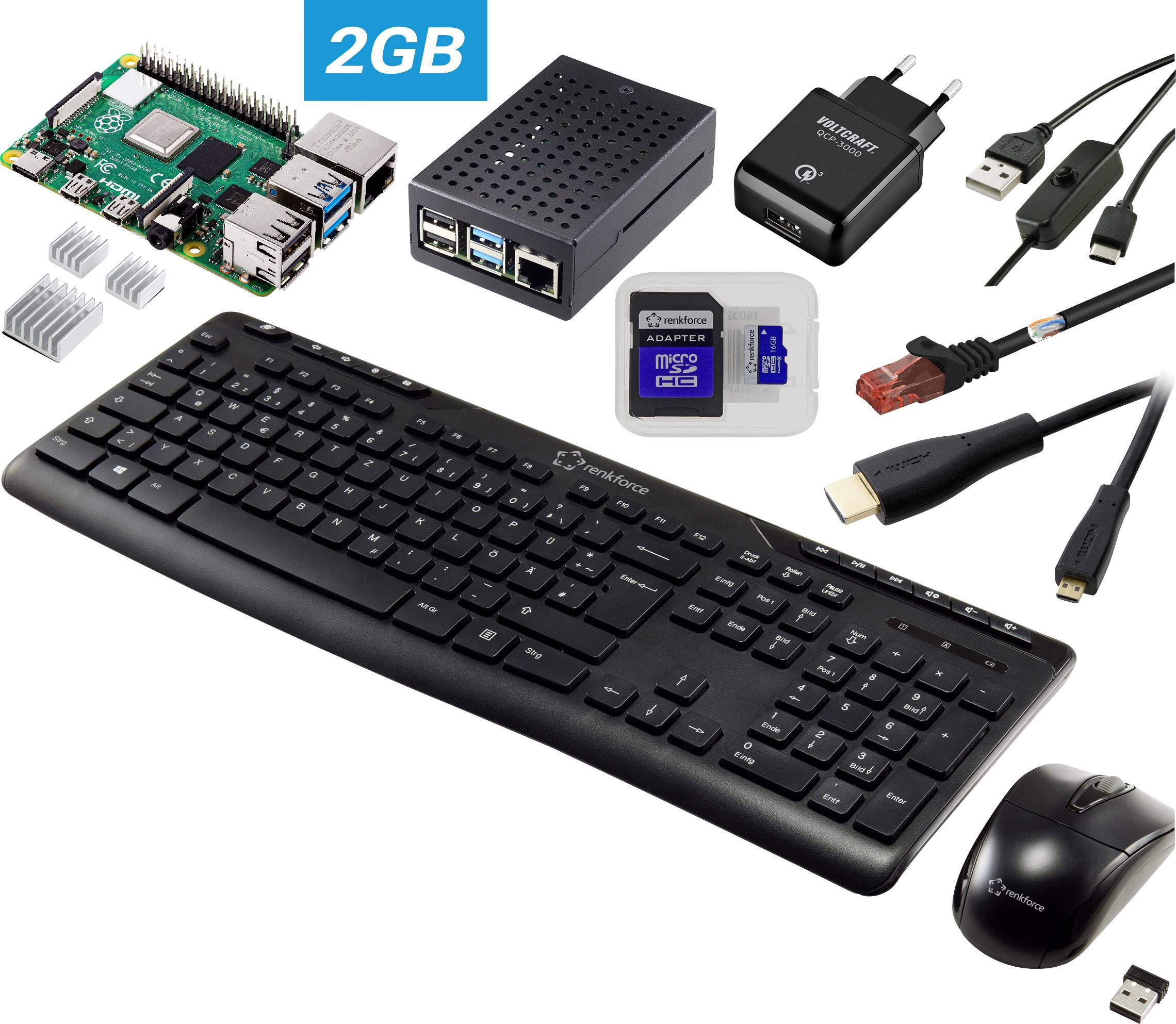 Ein Raspberry Pi 4 Set mit 2GB RAM, schwarzer Tastatur, Maus, Netzteil, Gehäuse, HDMI- und Ethernet-Kabel, sowie MicroSD-Karte.