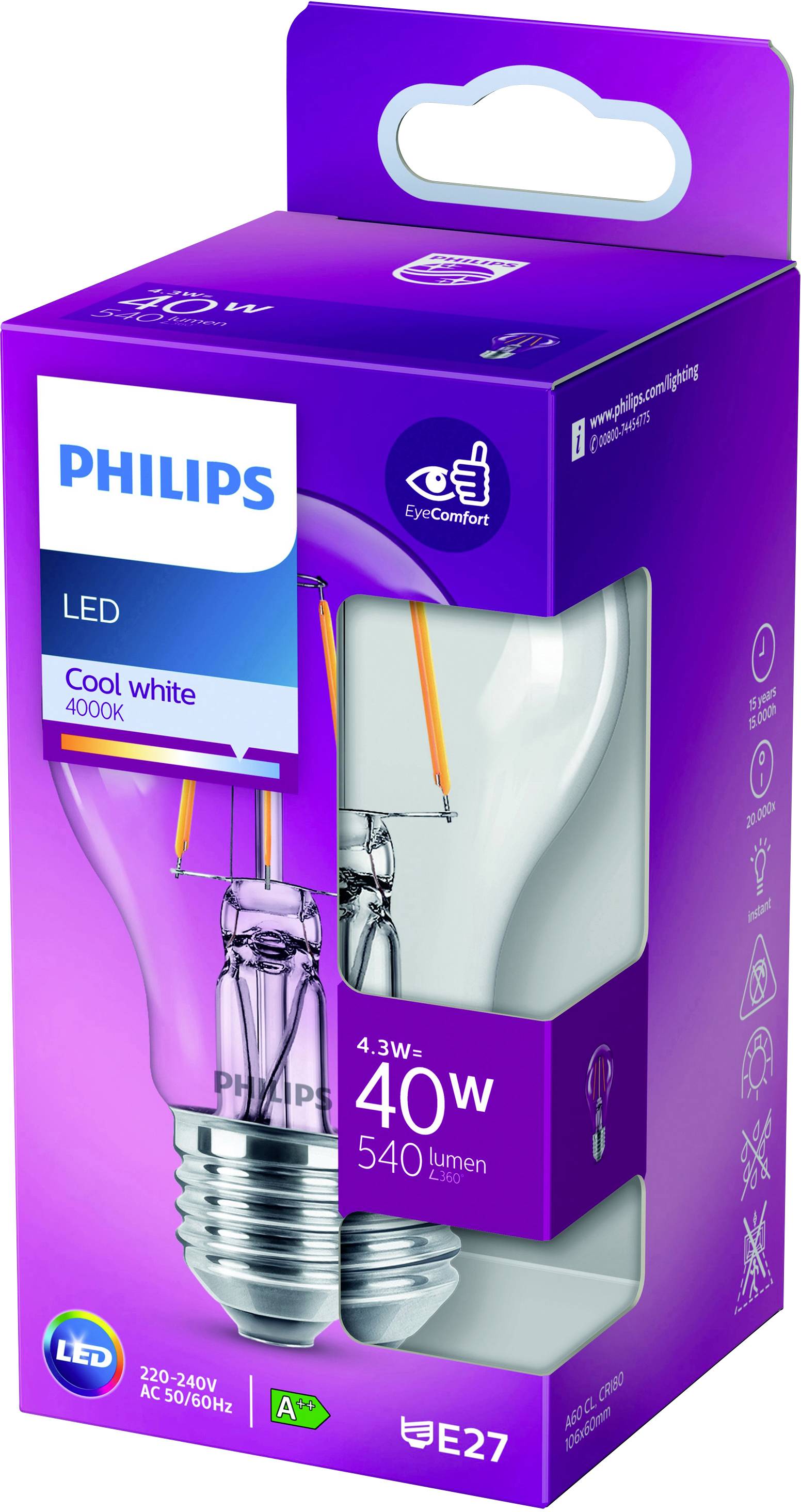 Philips LED 76201801 LED EEK E (A - G) E27 4.3W = 40W Neutralweiß (Ø x L) 6cm x 10.6cm 1St.