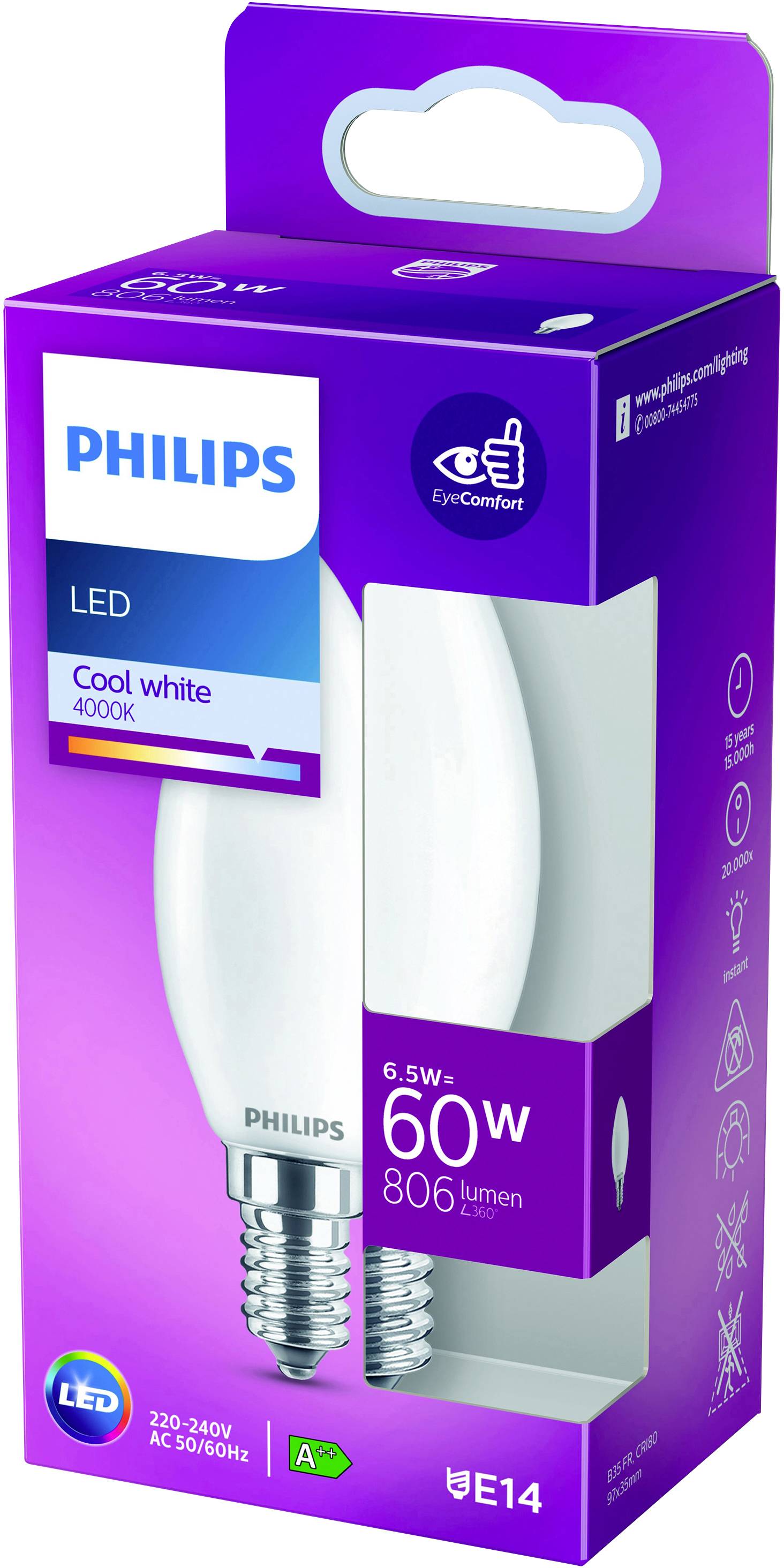 Philips LED 76271100 LED EEK E (A - G) E14 6.5W = 60W Kaltweiß (Ø x L) 3.5cm x 9.7cm 1St.