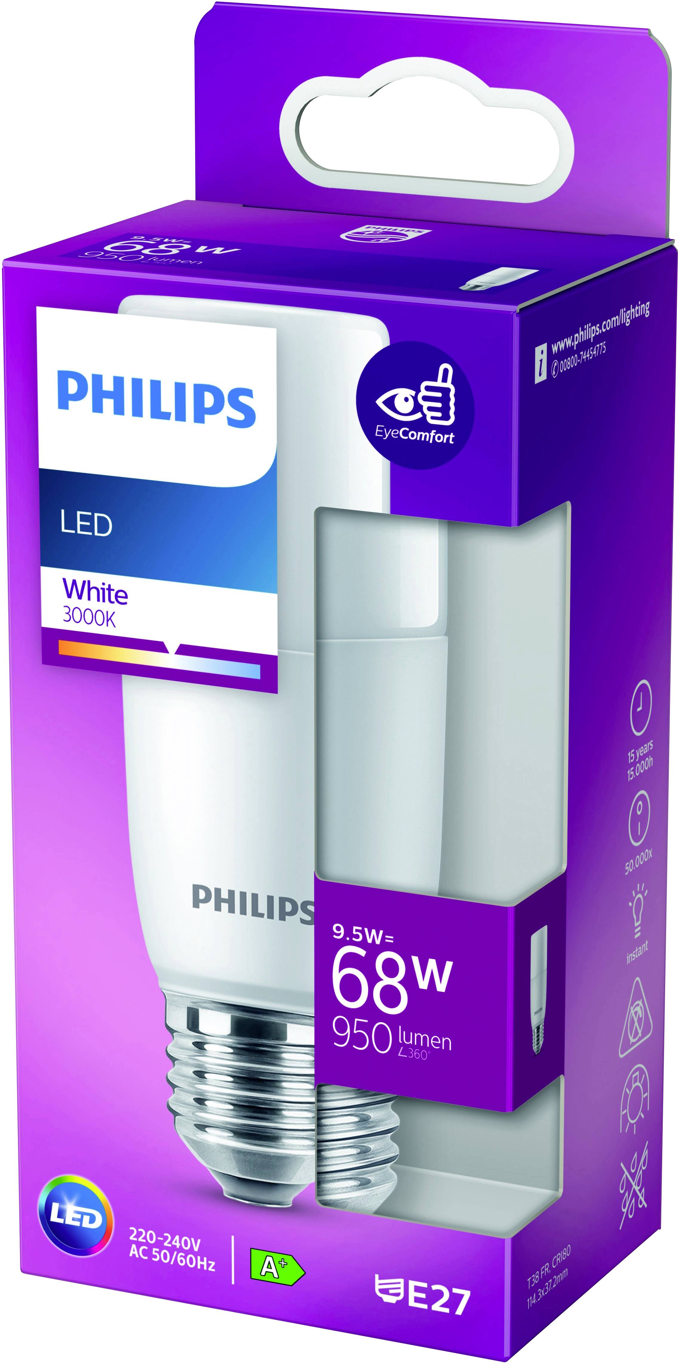 Philips LED-Glühbirne, 9,5W, 68W Äquivalent, 950 Lumen, Weißlicht 3000K, E27-Sockel, energiesparend mit EyeComfort-Technologie.