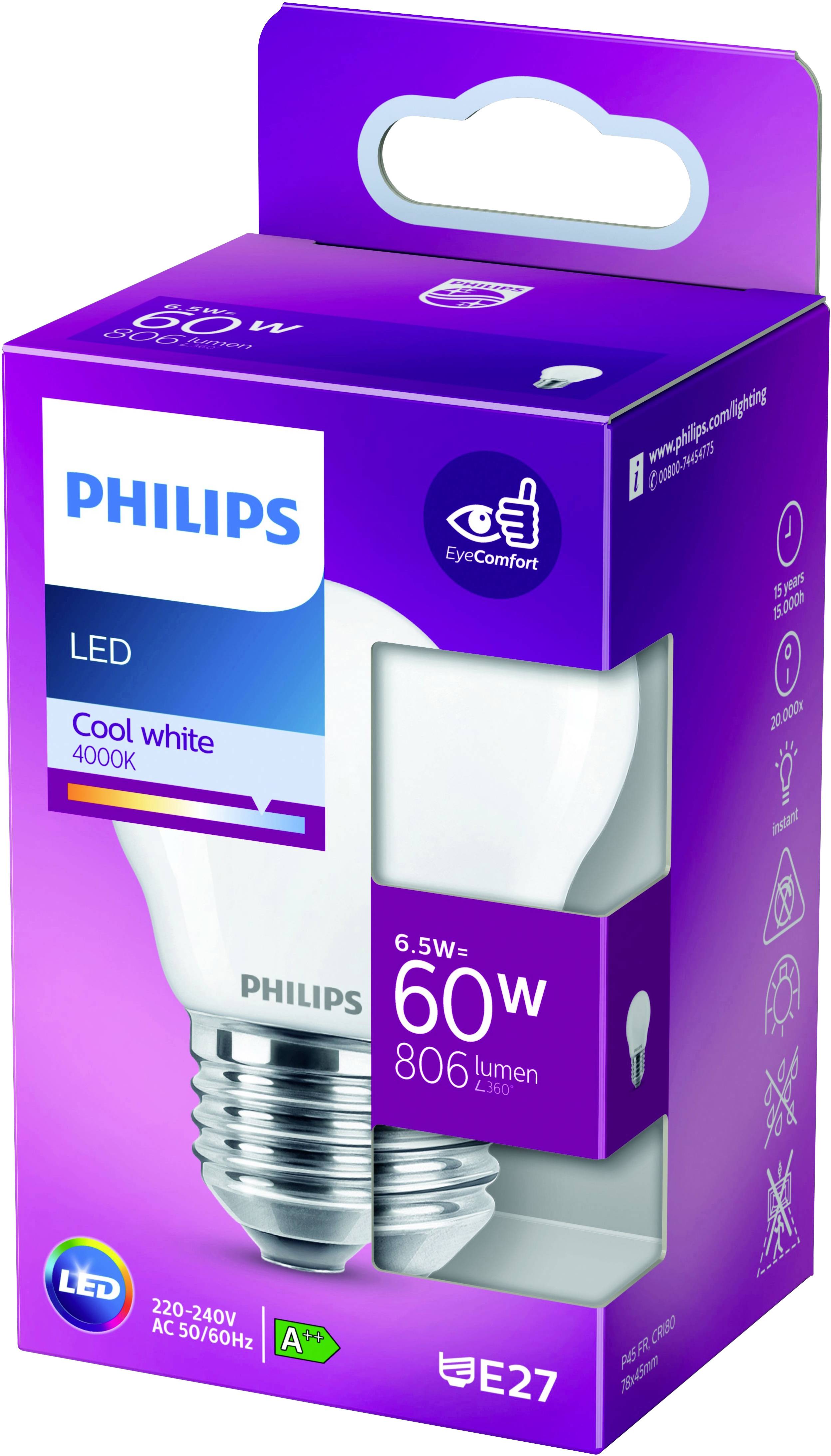 Philips LED 76289600 LED EEK E (A - G) E27 6.5W = 60W Kaltweiß (Ø x L) 4.5cm x 7.8cm 1St.
