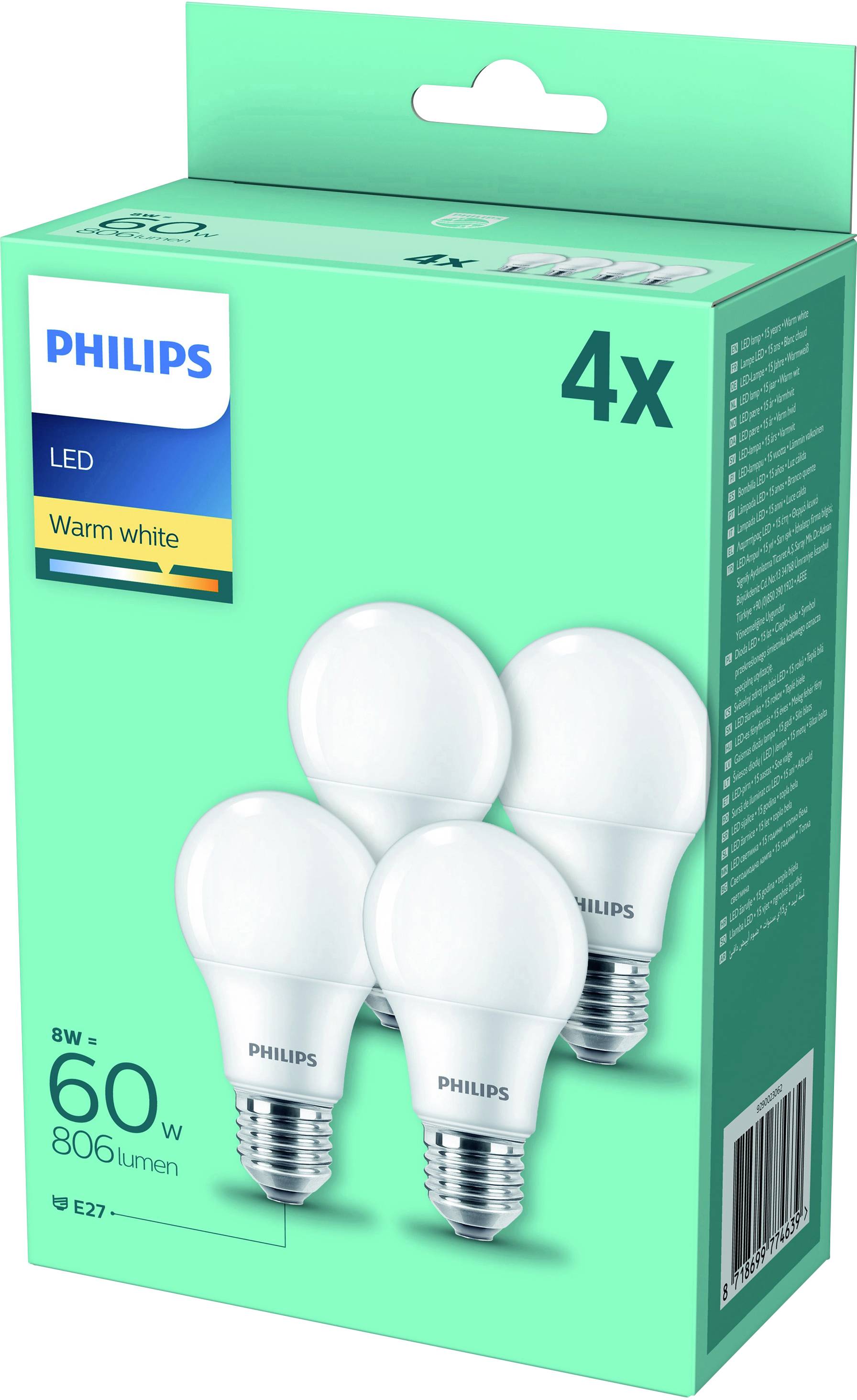 Philips LED 77463900 LED EEK F (A - G) E27 8 W = 60 W Warmweiß (Ø x L) 6 cm x 10.8 cm 4 St.