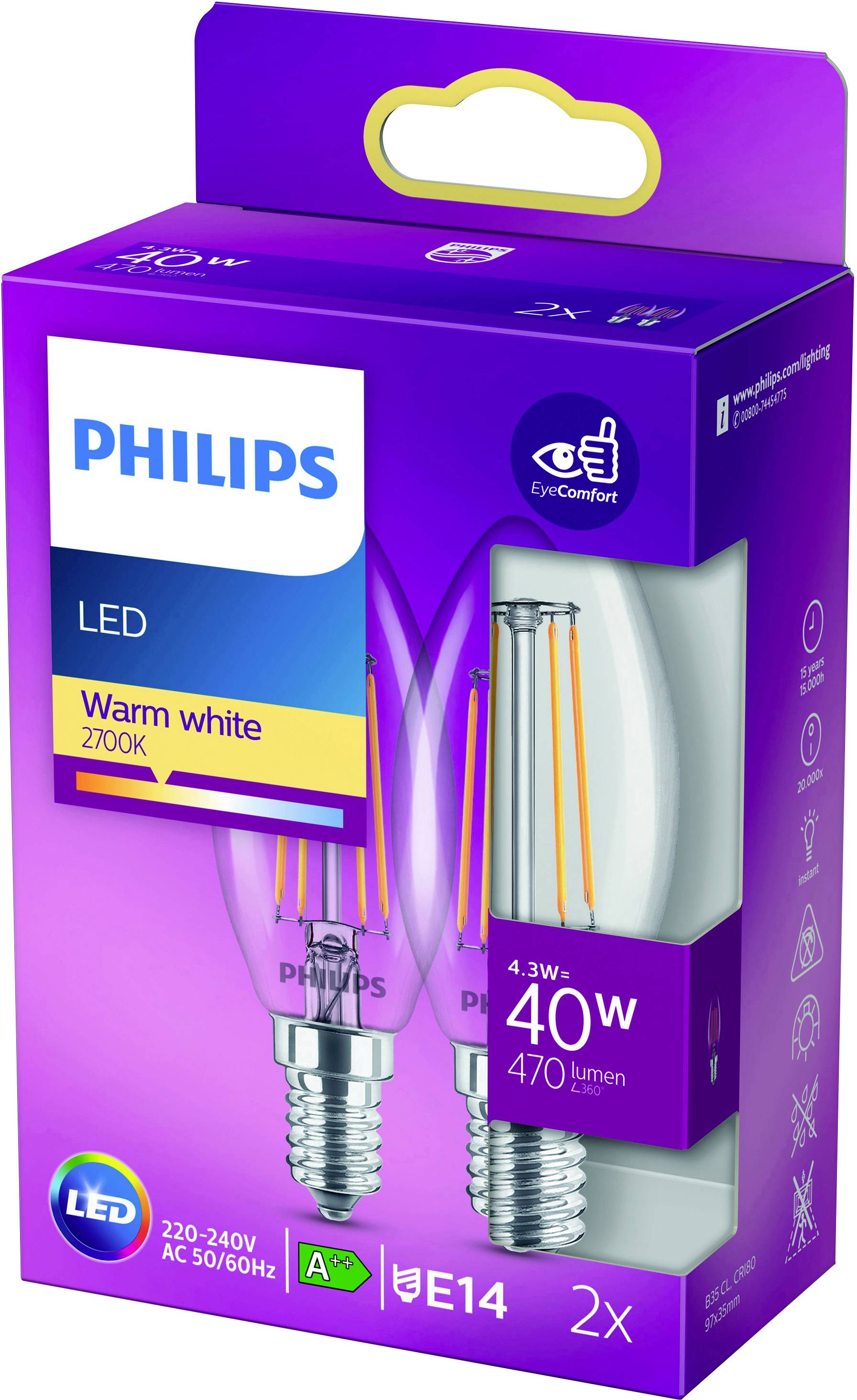 Philips LED 77761600 LED EEK F (A - G) E14 4.3W = 40W Warmweiß (Ø x L) 3.5cm x 9.7cm 2St.