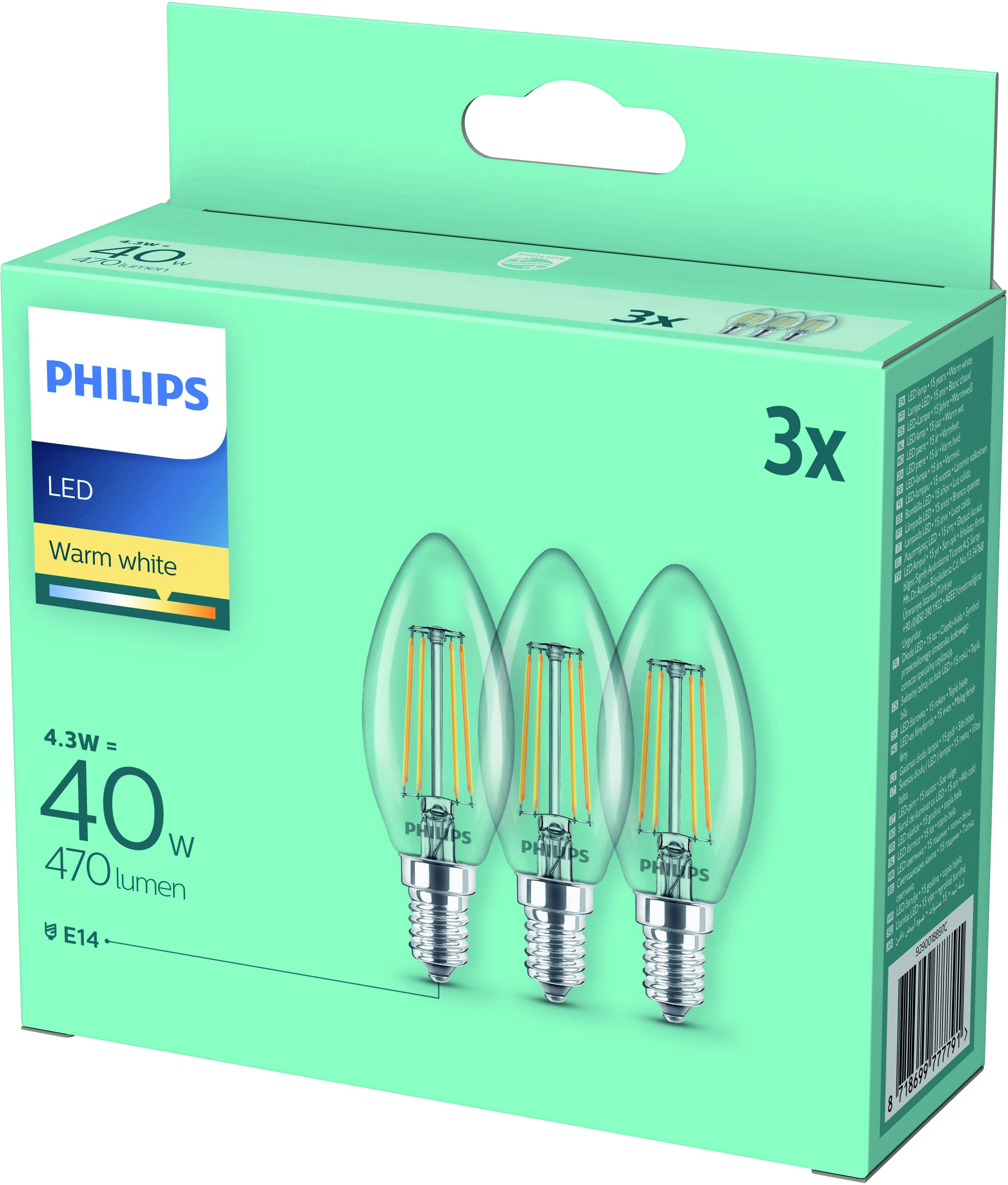 Philips LED 77779100 LED EEK F (A - G) E14 4.3W = 40W Warmweiß (Ø x L) 3.5cm x 9.7cm 3St.