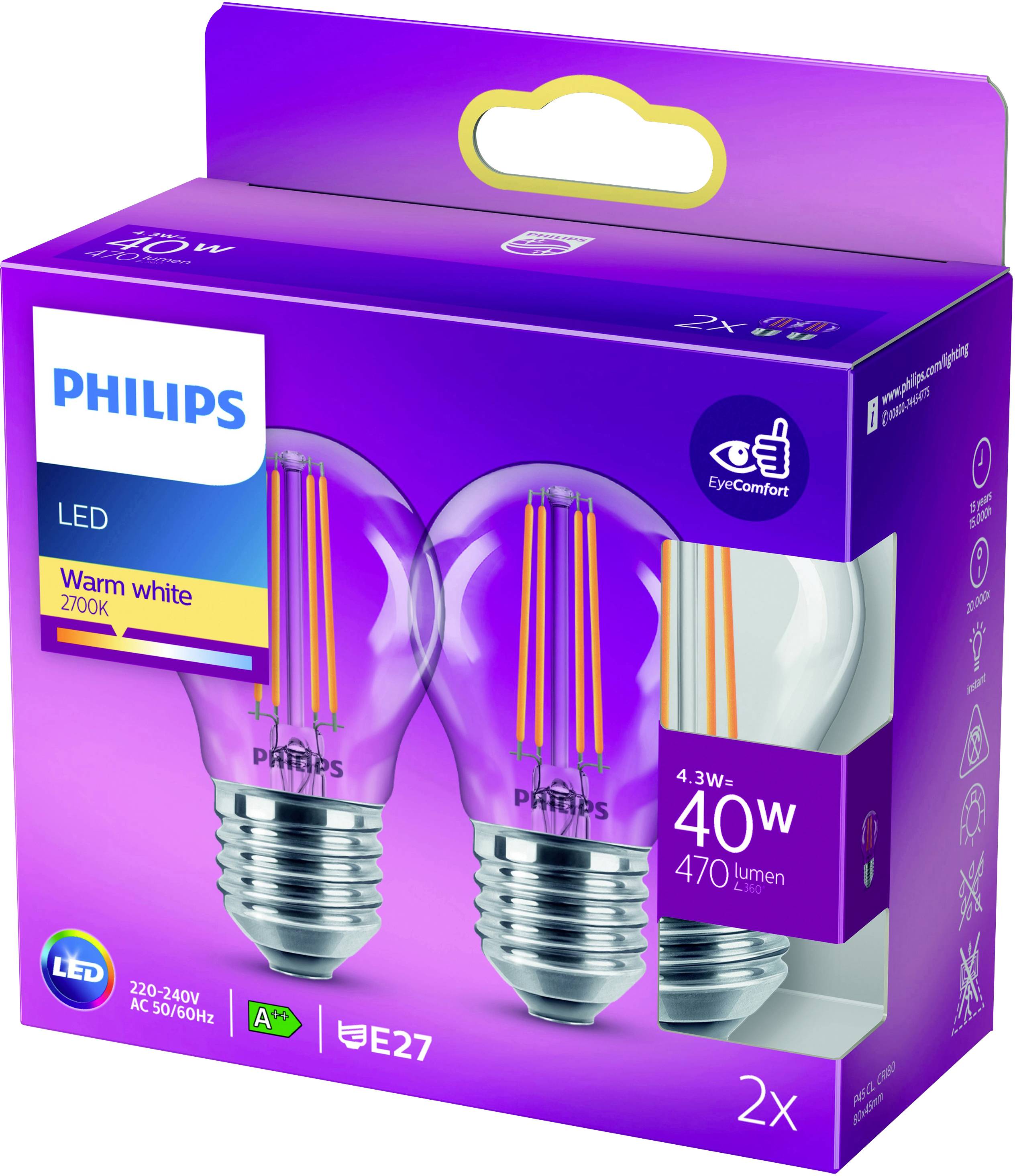 Philips LED 76389300 LED EEK F (A - G) E27 4.3 W = 40 W Warmweiß (Ø x L) 4.5 cm x 8 cm 2 St.