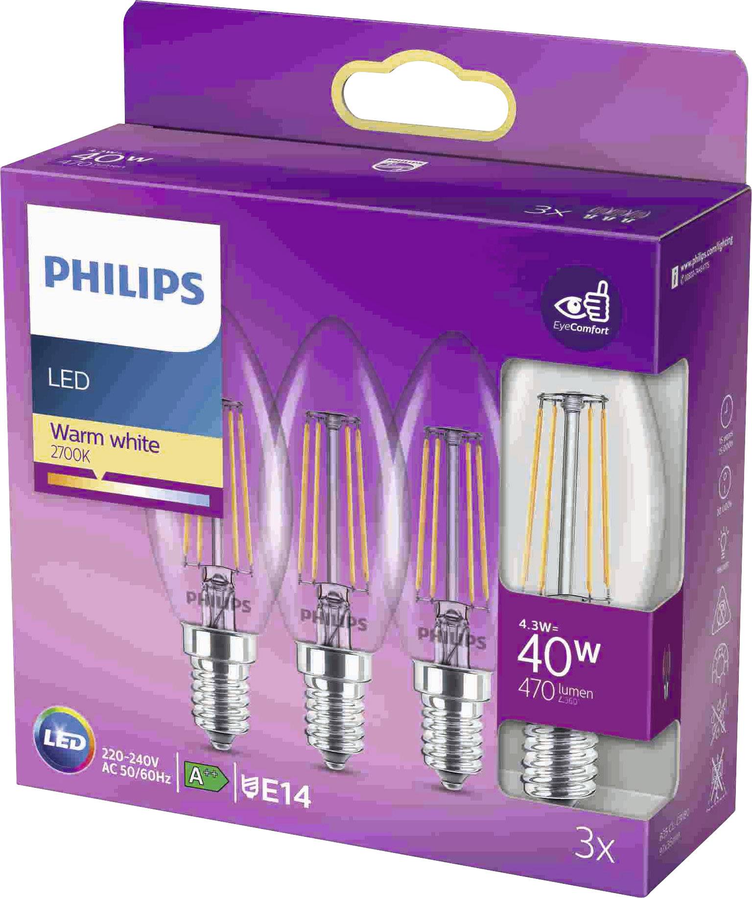 Philips LED 76381700 LED EEK F (A - G) E14 4.3 W = 40 W Warmweiß (Ø x L) 3.5 cm x 9.7 cm 3 St.