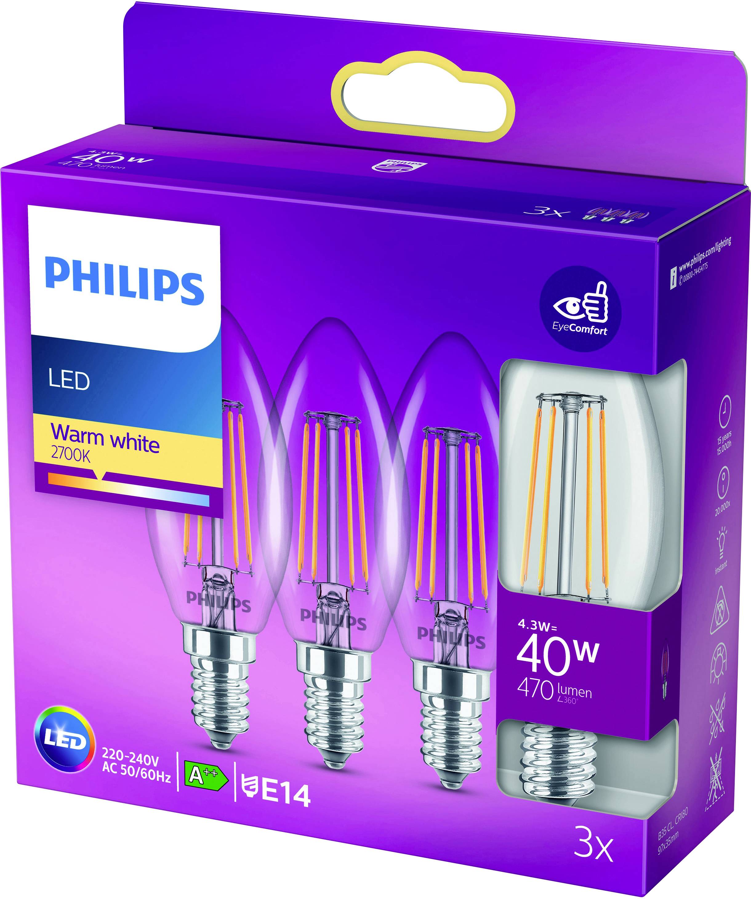 Philips LED 76381700 LED EEK F (A - G) E14 4.3 W = 40 W Warmweiß (Ø x L) 3.5 cm x 9.7 cm 3 St.