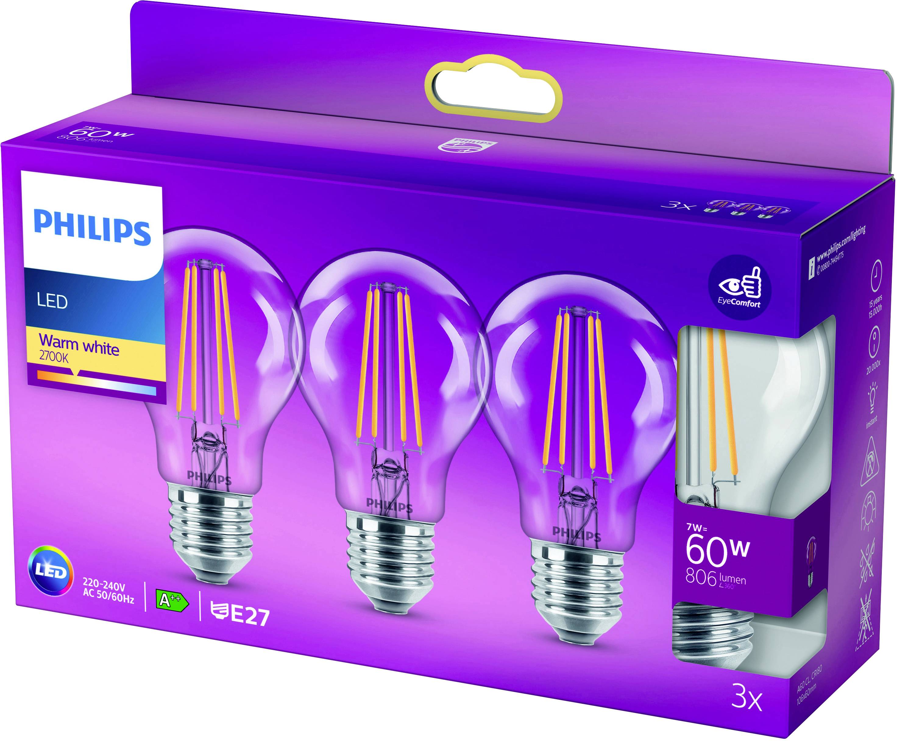 Philips LED 76393000 LED EEK E (A - G) E27 7W = 60W Warmweiß (Ø x L) 6cm x 10.4cm 3St.
