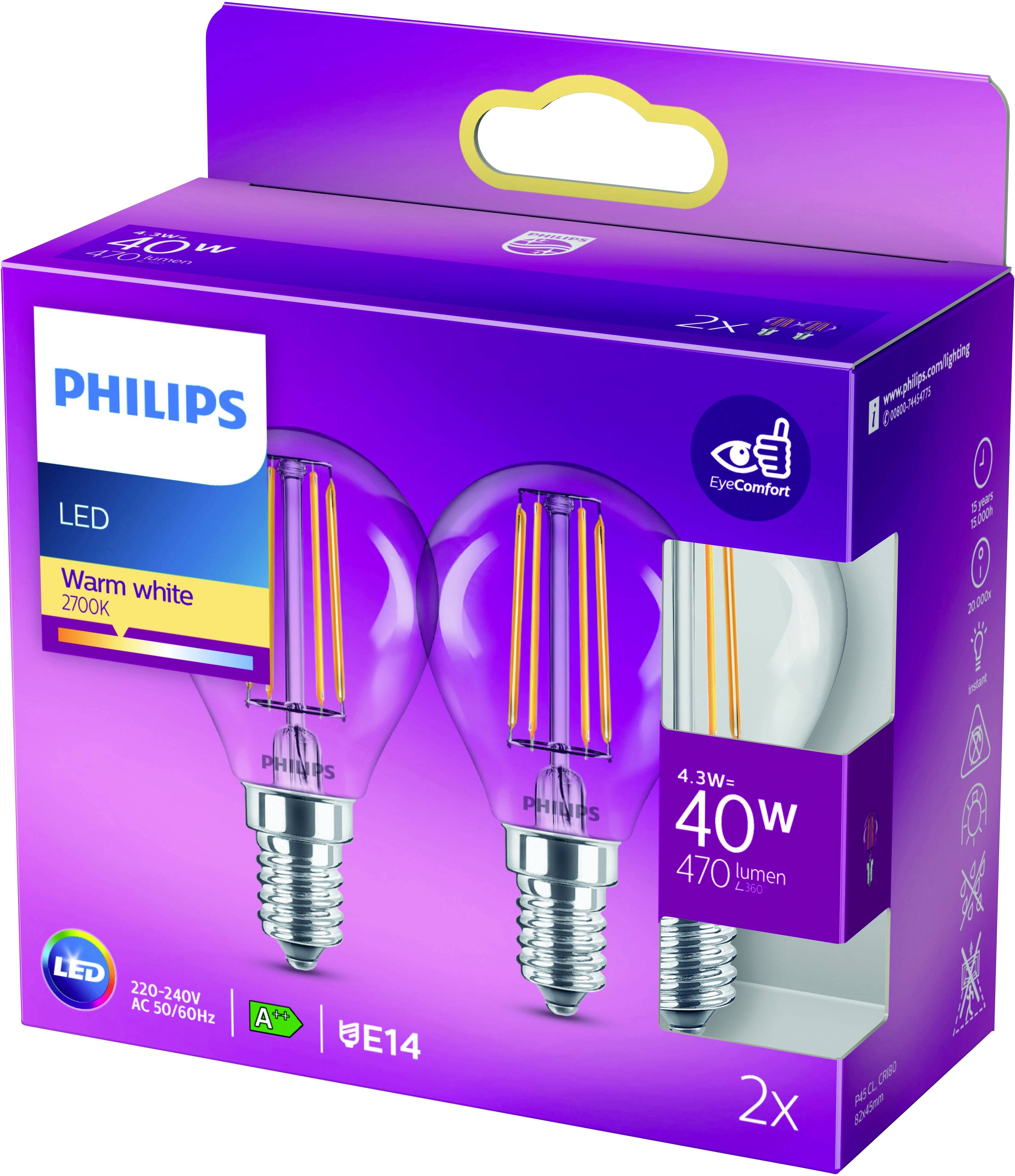 Philips LED 77763000 LED EEK F (A - G) E14 4.3 W = 40 W Warmweiß (Ø x L) 4.5 cm x 8.2 cm 2 St.